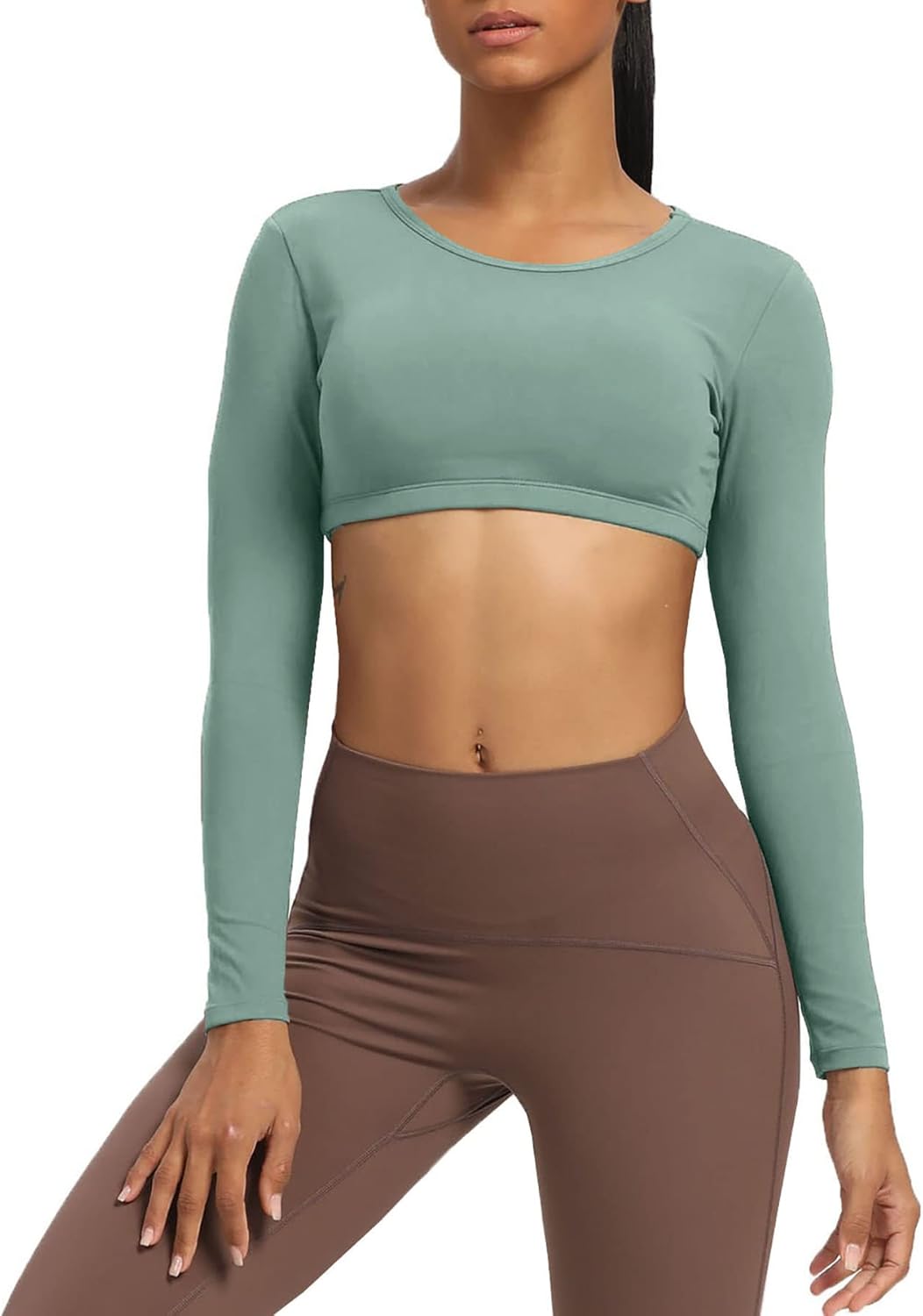 Aoxjox Long Sleeve Crop Tops for Women Clarissa Backless Workout Crop T Shirt TopSage Green