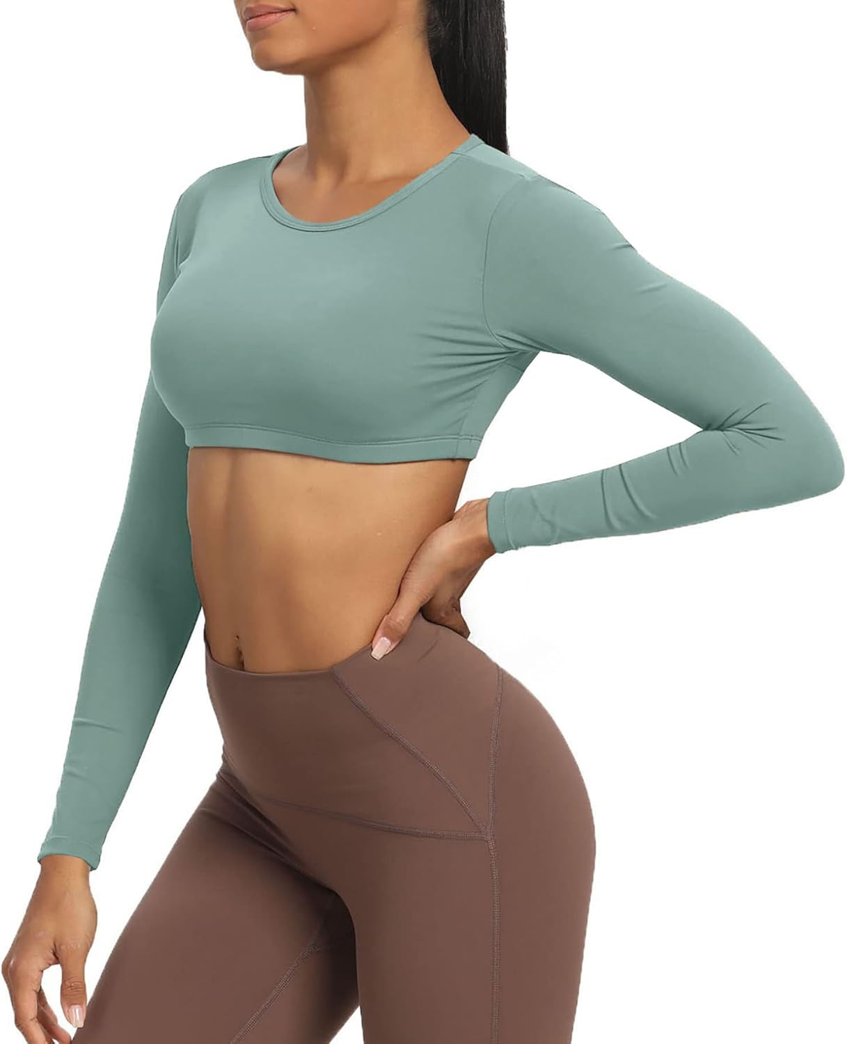 Aoxjox Long Sleeve Crop Tops for Women Clarissa Backless Workout Crop T Shirt TopSage Green
