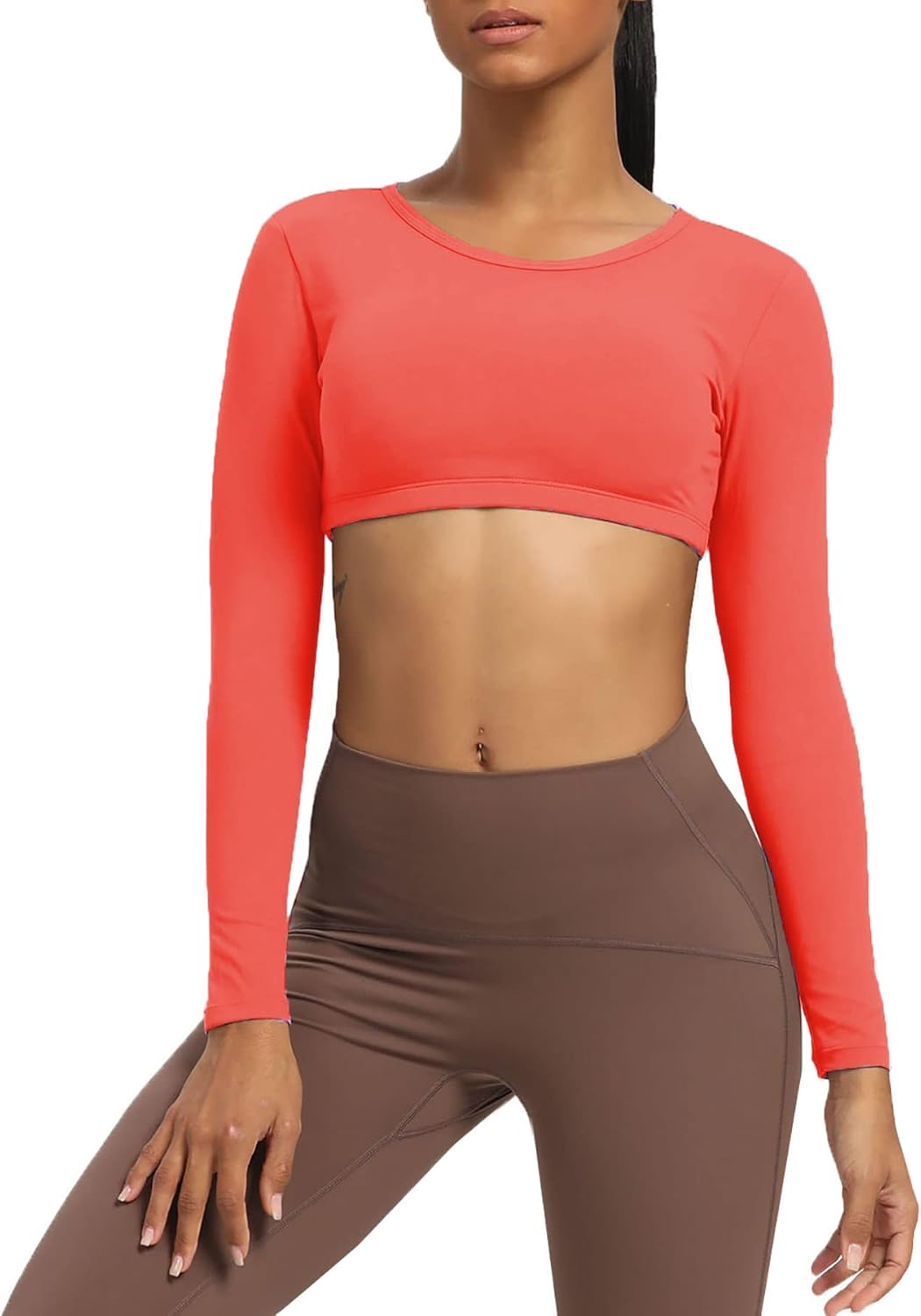 Aoxjox Long Sleeve Crop Tops for Women Clarissa Backless Workout Crop T Shirt TopSpiced Coral