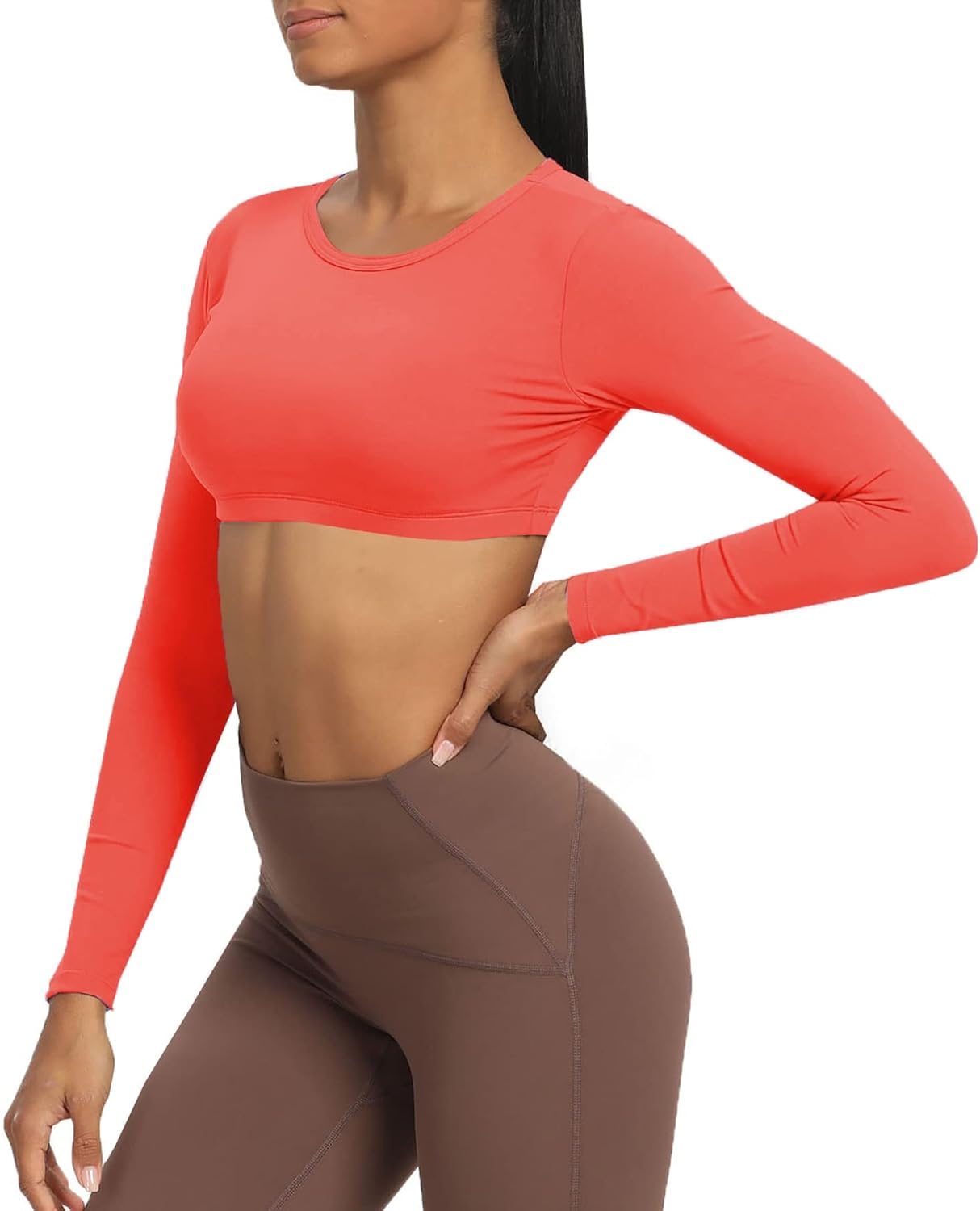 Aoxjox Long Sleeve Crop Tops for Women Clarissa Backless Workout Crop T Shirt TopSpiced Coral