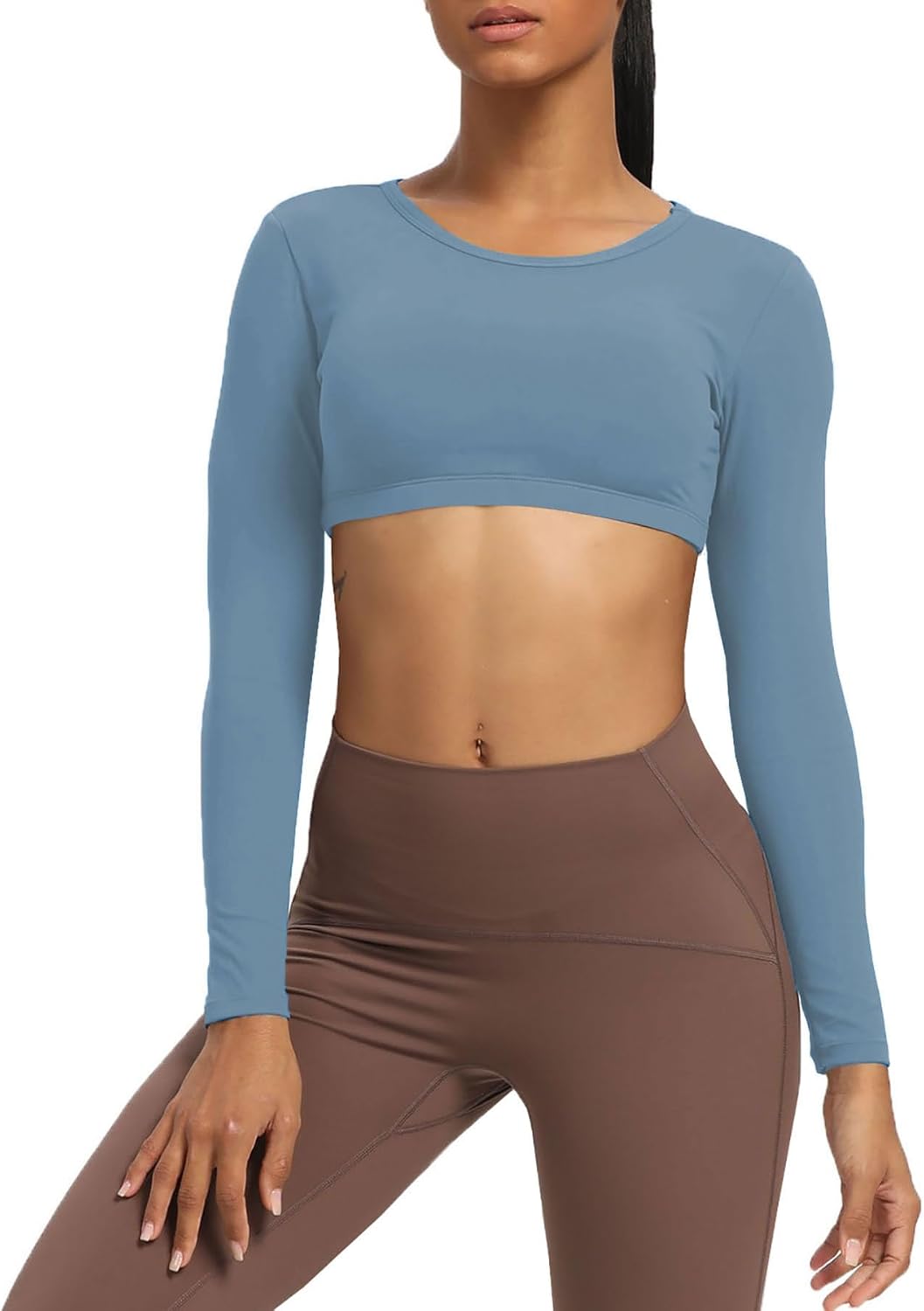 Aoxjox Long Sleeve Crop Tops for Women Clarissa Backless Workout Crop T Shirt TopSteel Blue