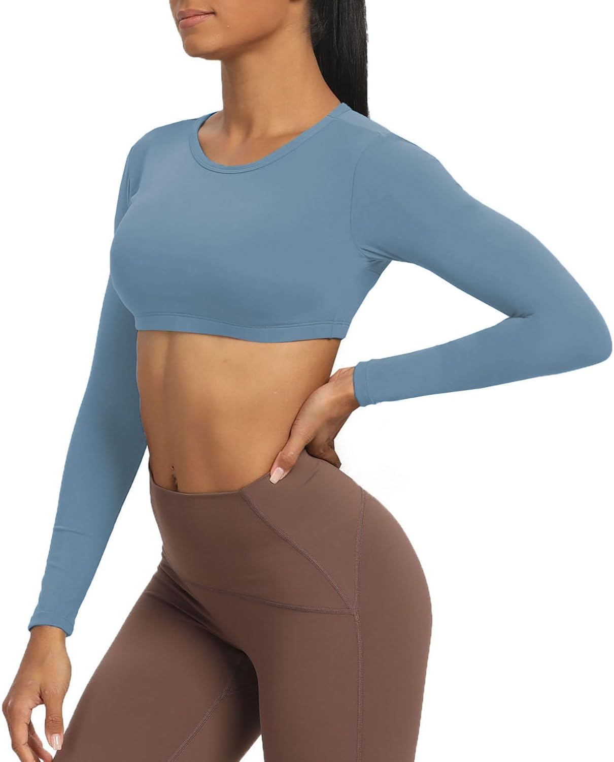 Aoxjox Long Sleeve Crop Tops for Women Clarissa Backless Workout Crop T Shirt TopSteel Blue