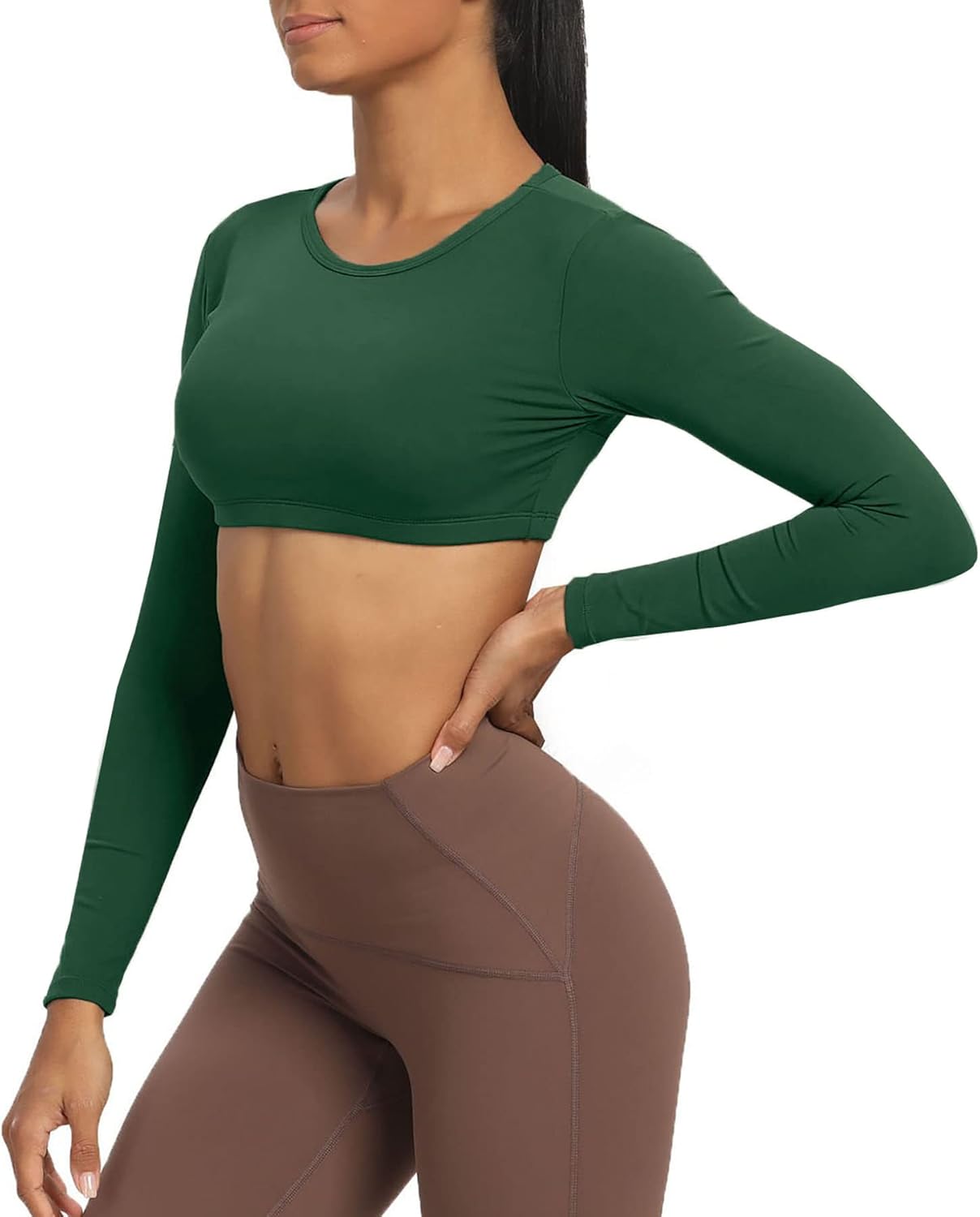 Aoxjox Long Sleeve Crop Tops for Women Clarissa Backless Workout Crop T Shirt TopStorm Green