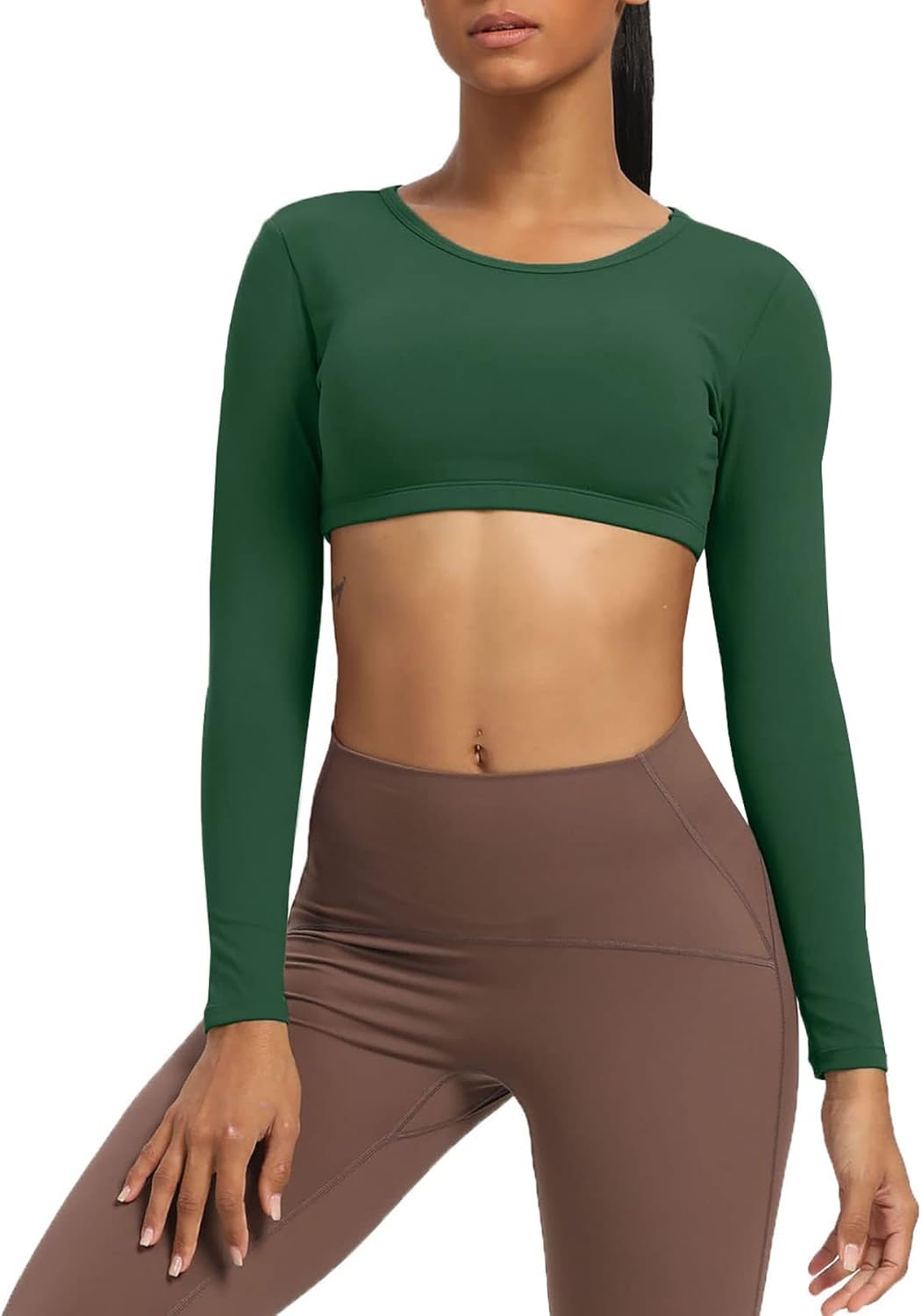Aoxjox Long Sleeve Crop Tops for Women Clarissa Backless Workout Crop T Shirt TopStorm Green