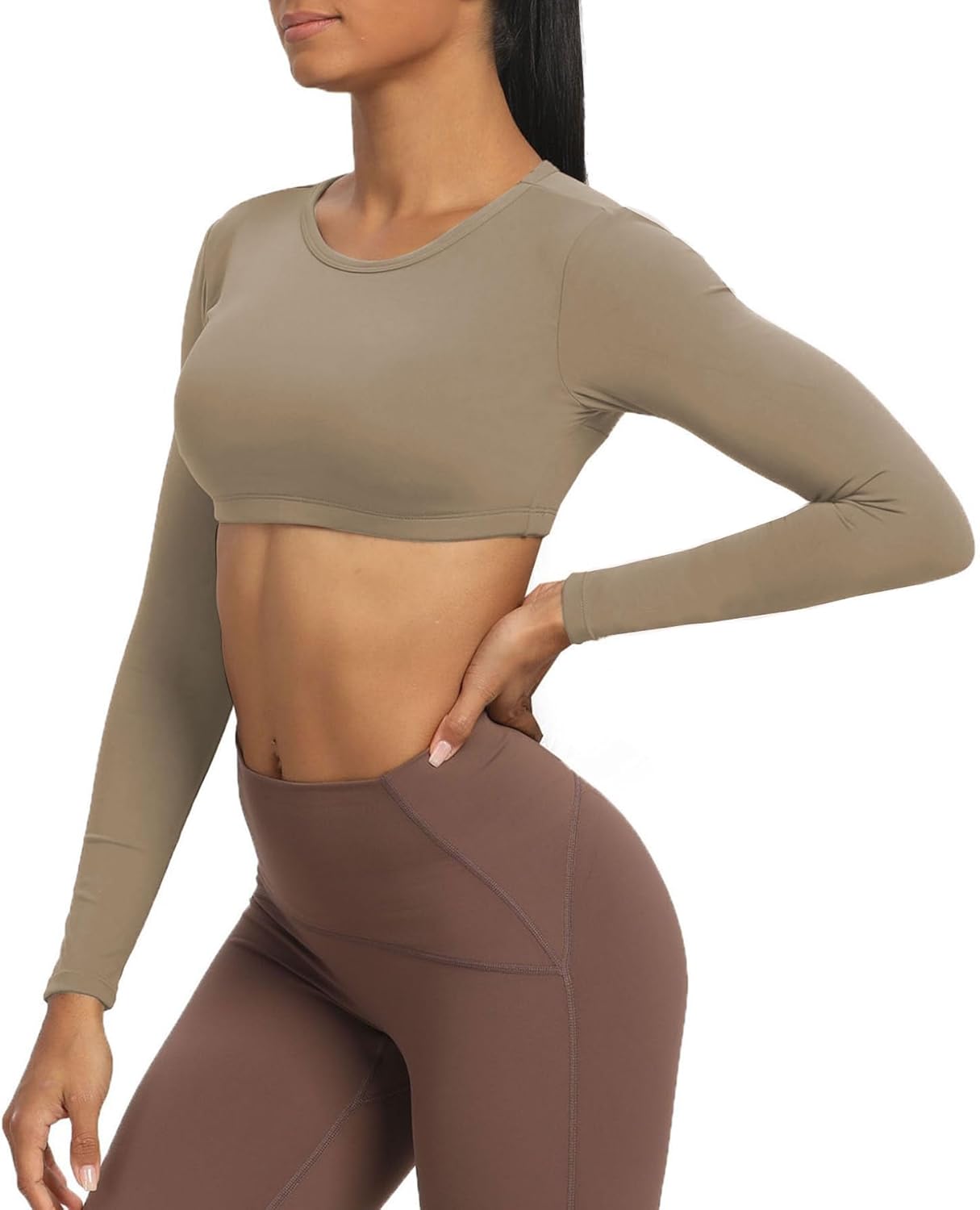 Aoxjox Long Sleeve Crop Tops for Women Clarissa Backless Workout Crop T Shirt TopTaupe
