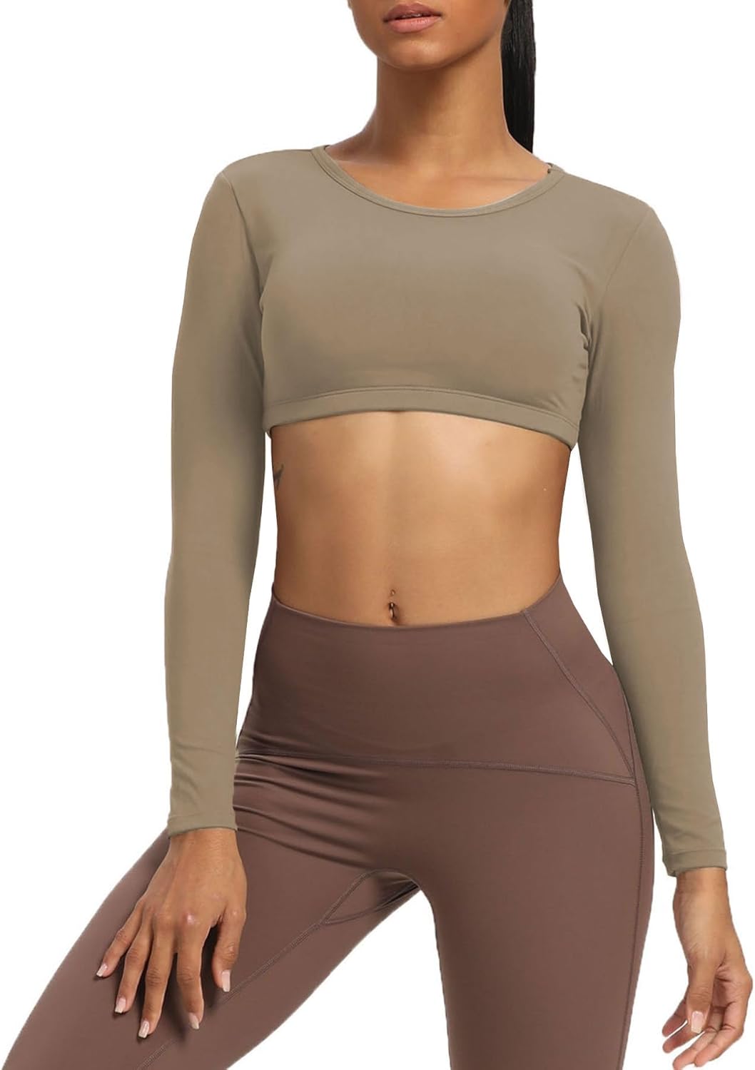 Aoxjox Long Sleeve Crop Tops for Women Clarissa Backless Workout Crop T Shirt TopTaupe