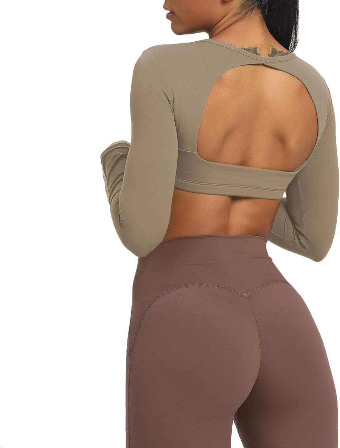 Aoxjox Long Sleeve Crop Tops for Women Clarissa Backless Workout Crop T Shirt TopTaupe