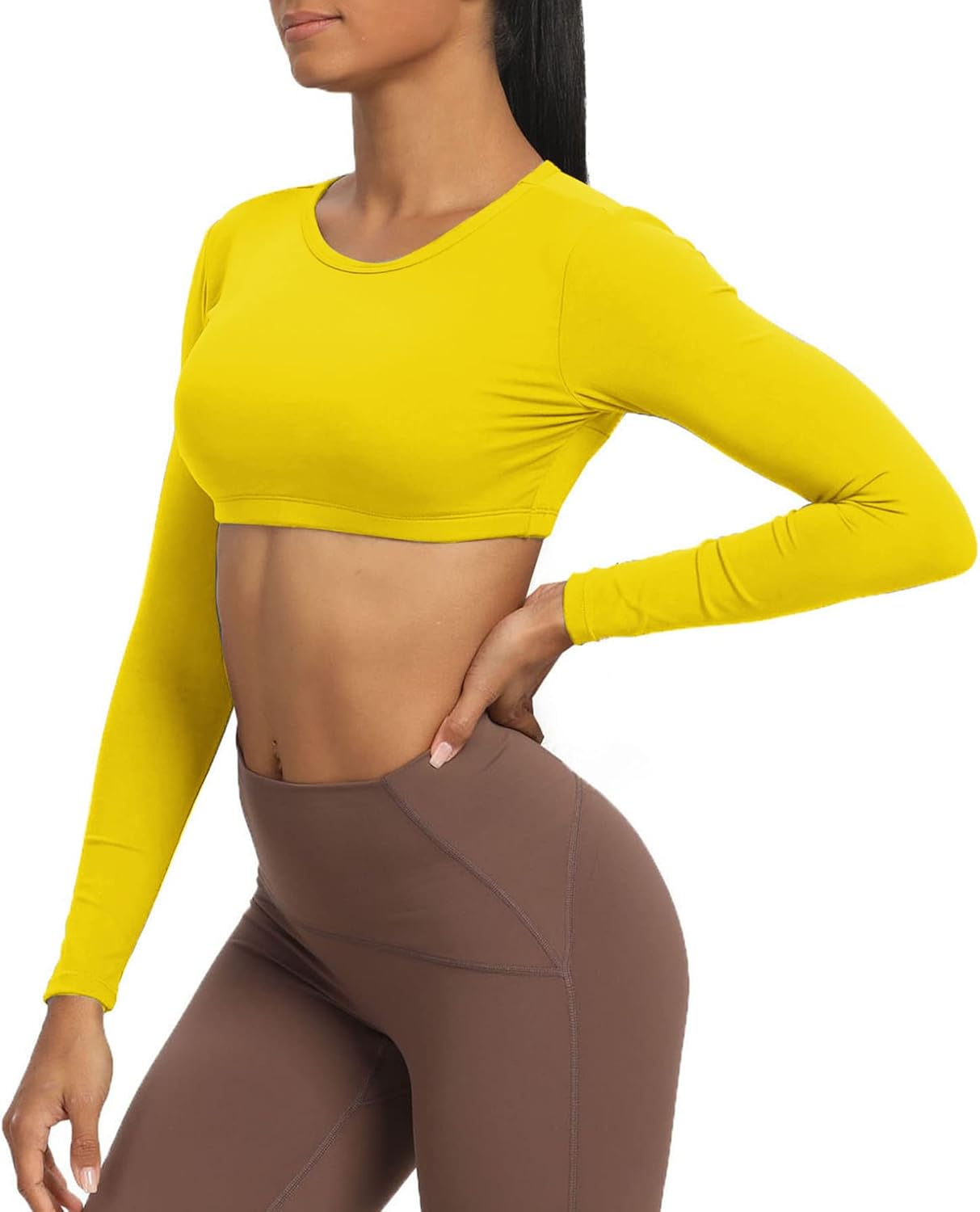 Aoxjox Long Sleeve Crop Tops for Women Clarissa Backless Workout Crop T Shirt TopVibrant Yellow