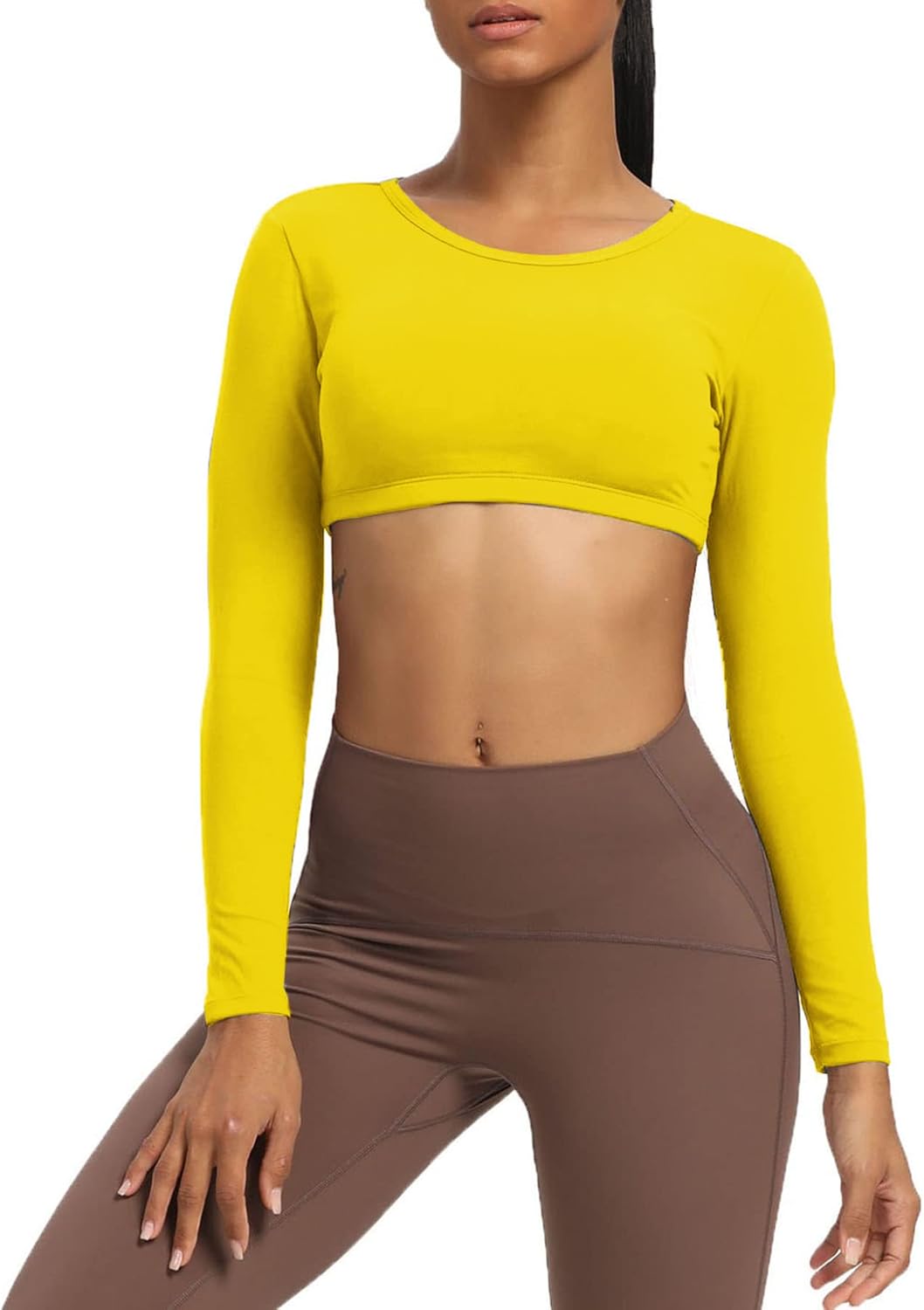 Aoxjox Long Sleeve Crop Tops for Women Clarissa Backless Workout Crop T Shirt TopVibrant Yellow