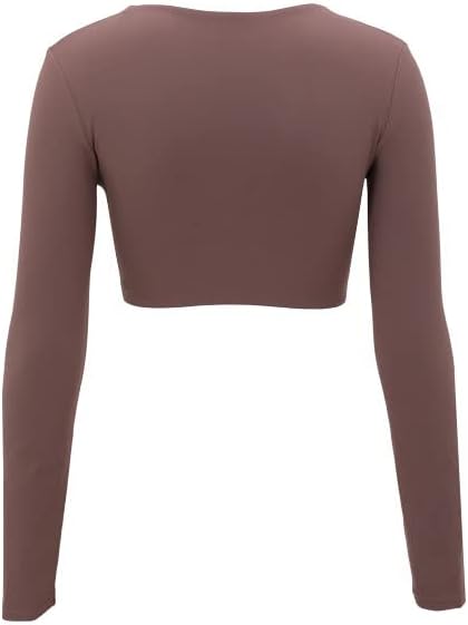 Aoxjox Long Sleeve Crop Tops for Women Sienna Twist Deep V Workout Crop T Shirt TopA Fudge Coffee