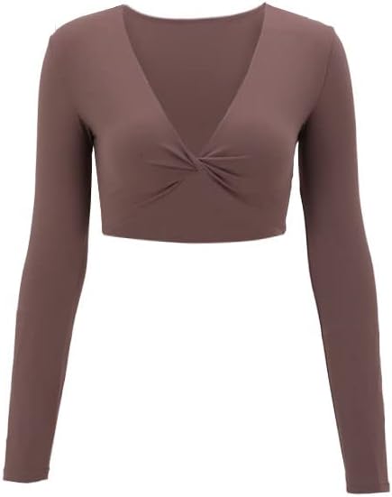 Aoxjox Long Sleeve Crop Tops for Women Sienna Twist Deep V Workout Crop T Shirt TopA Fudge Coffee