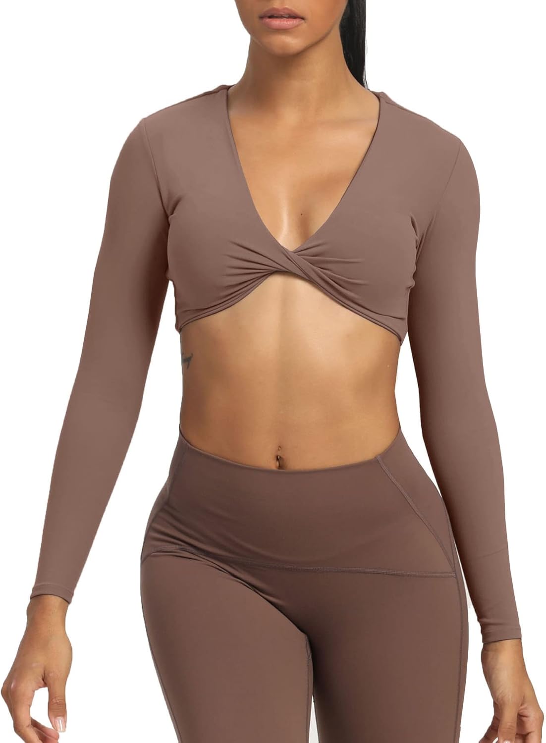 Aoxjox Long Sleeve Crop Tops for Women Sienna Twist Deep V Workout Crop T Shirt TopA Fudge Coffee