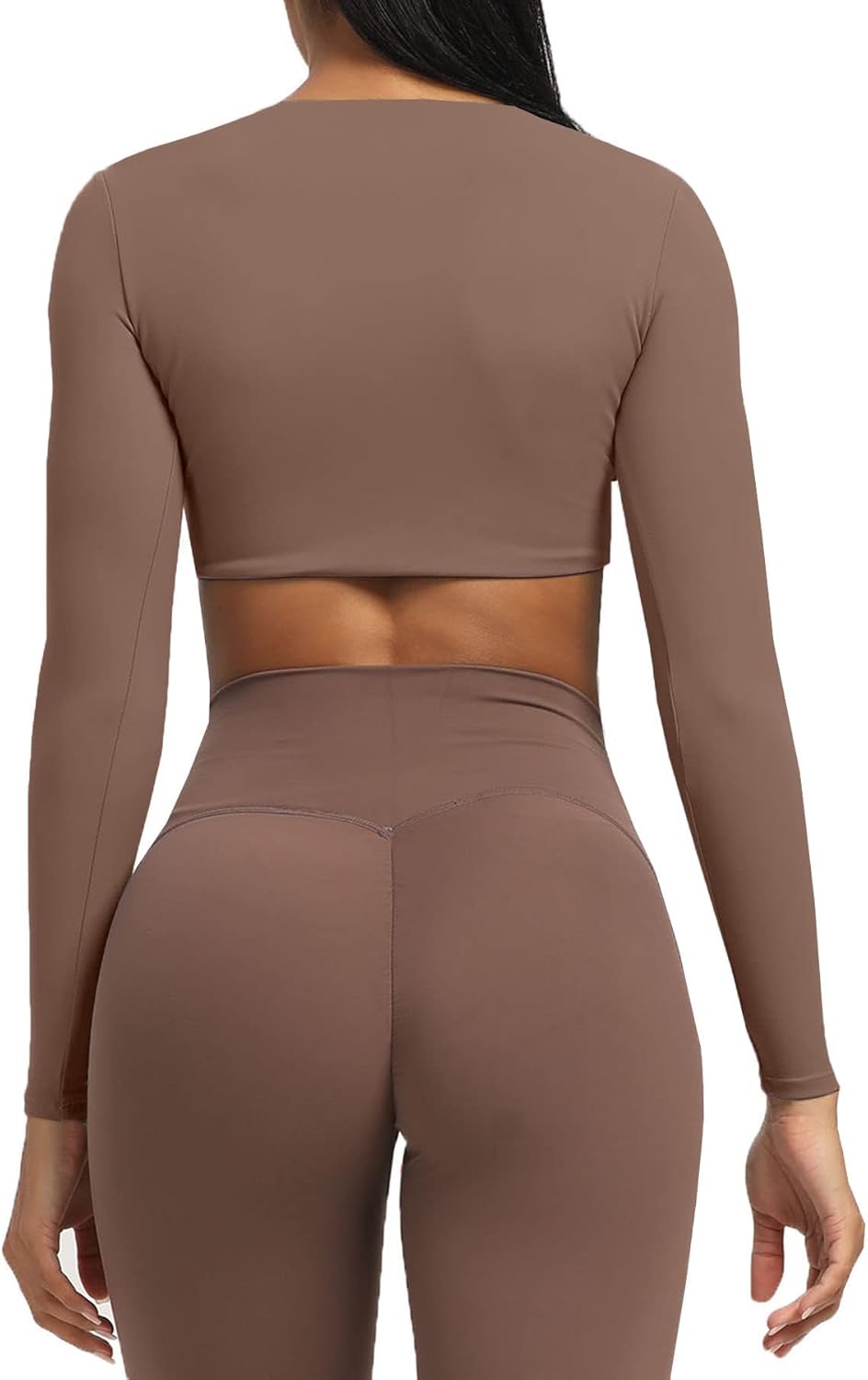 Aoxjox Long Sleeve Crop Tops for Women Sienna Twist Deep V Workout Crop T Shirt TopA Fudge Coffee