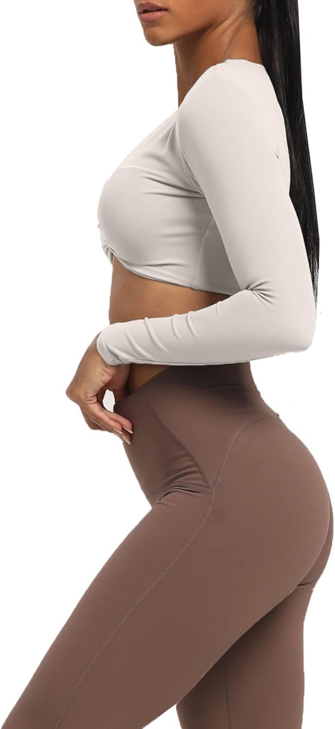 Aoxjox Long Sleeve Crop Tops for Women Sienna Twist Deep V Workout Crop T Shirt TopA Mink