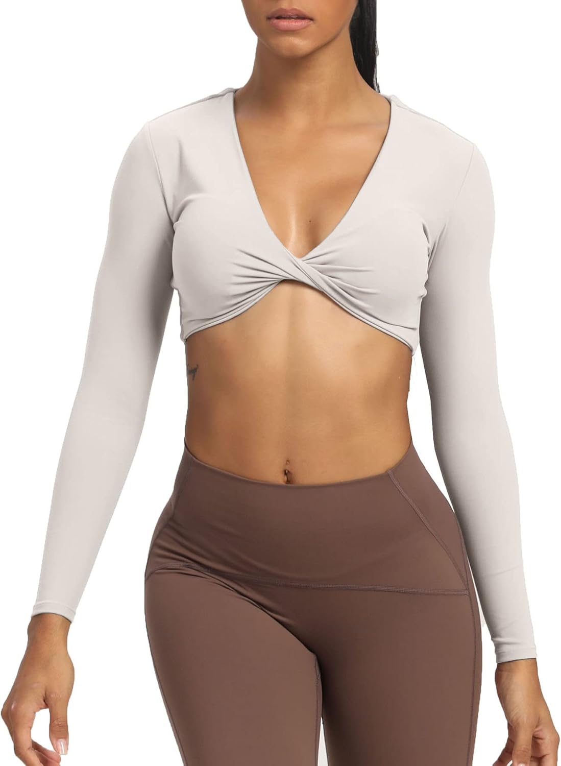 Aoxjox Long Sleeve Crop Tops for Women Sienna Twist Deep V Workout Crop T Shirt TopA Mink