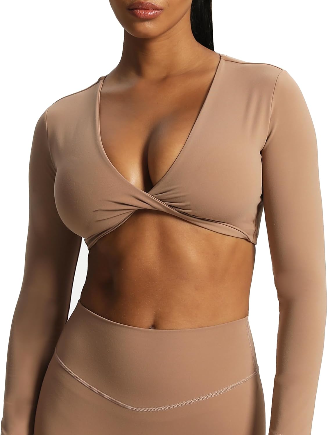Aoxjox Long Sleeve Crop Tops for Women Sienna Twist Deep V Workout Crop T Shirt TopBrownie