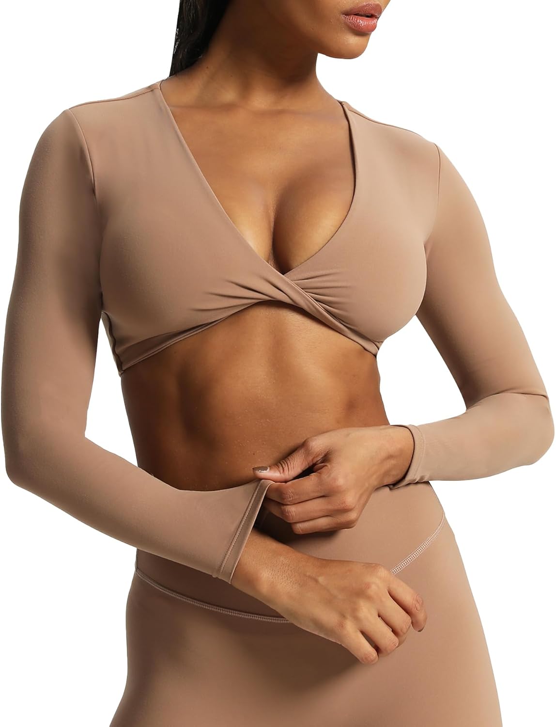 Aoxjox Long Sleeve Crop Tops for Women Sienna Twist Deep V Workout Crop T Shirt TopBrownie