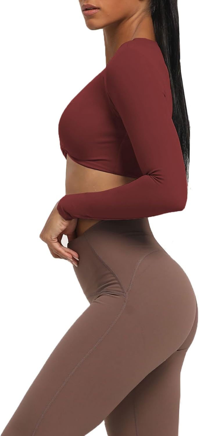 Aoxjox Long Sleeve Crop Tops for Women Sienna Twist Deep V Workout Crop T Shirt TopBurgundy Reddish Brown