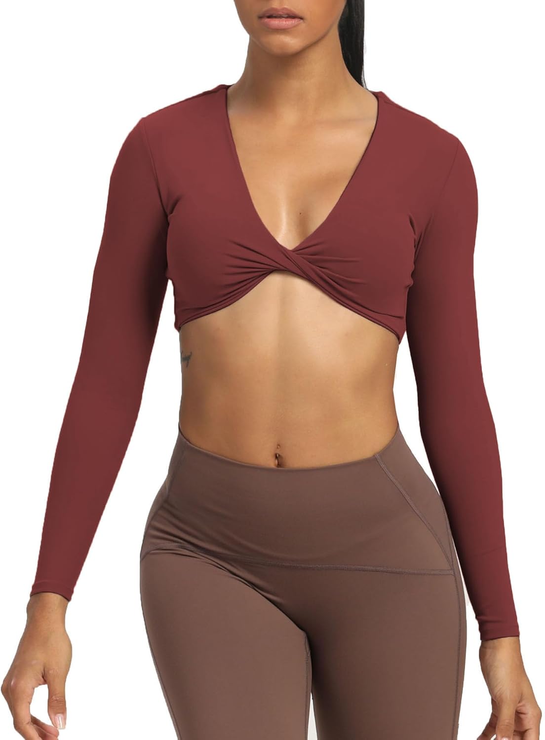 Aoxjox Long Sleeve Crop Tops for Women Sienna Twist Deep V Workout Crop T Shirt TopBurgundy Reddish Brown