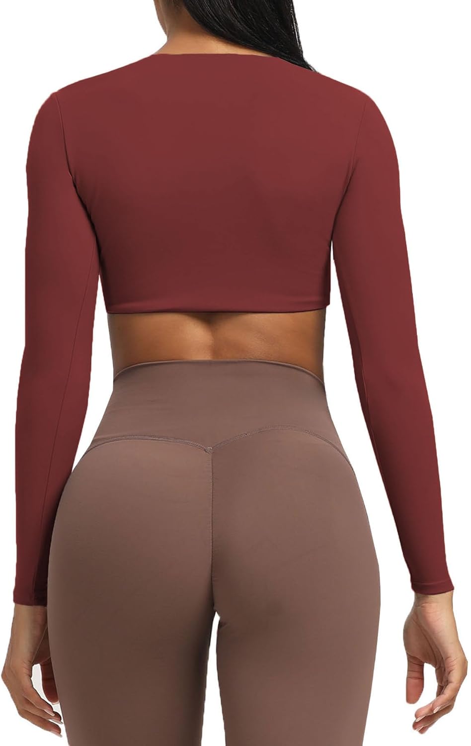 Aoxjox Long Sleeve Crop Tops for Women Sienna Twist Deep V Workout Crop T Shirt TopBurgundy Reddish Brown