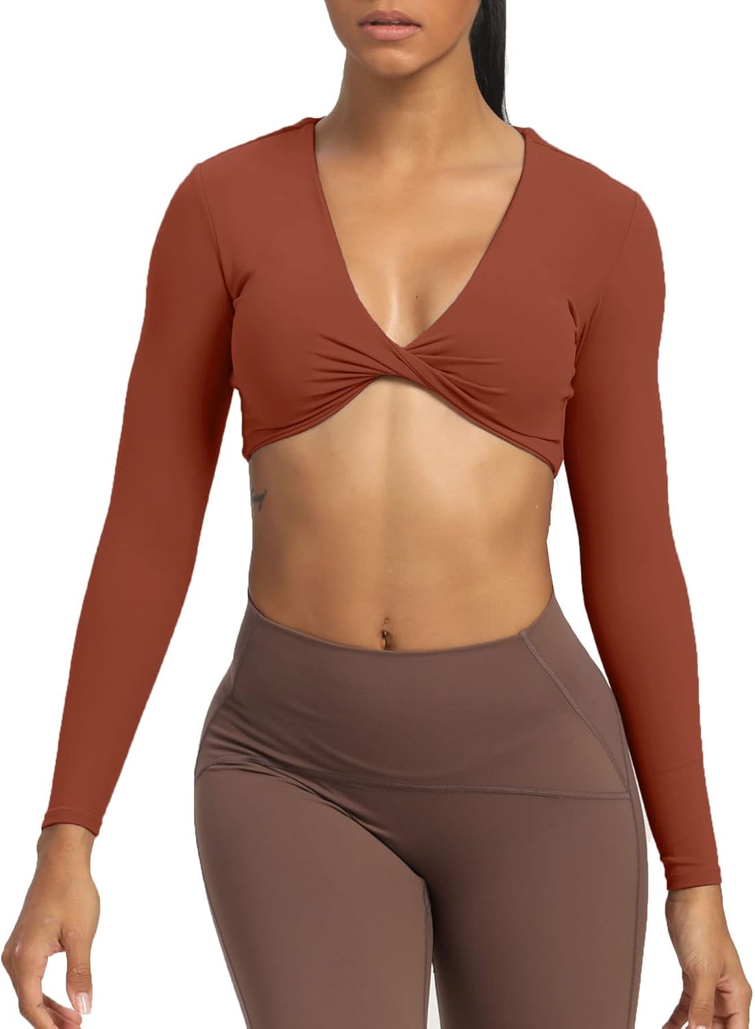 Aoxjox Long Sleeve Crop Tops for Women Sienna Twist Deep V Workout Crop T Shirt TopCherry Mahogany