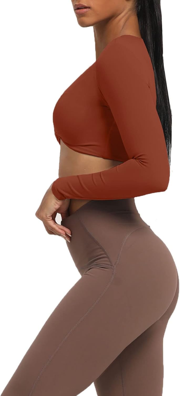Aoxjox Long Sleeve Crop Tops for Women Sienna Twist Deep V Workout Crop T Shirt TopCherry Mahogany