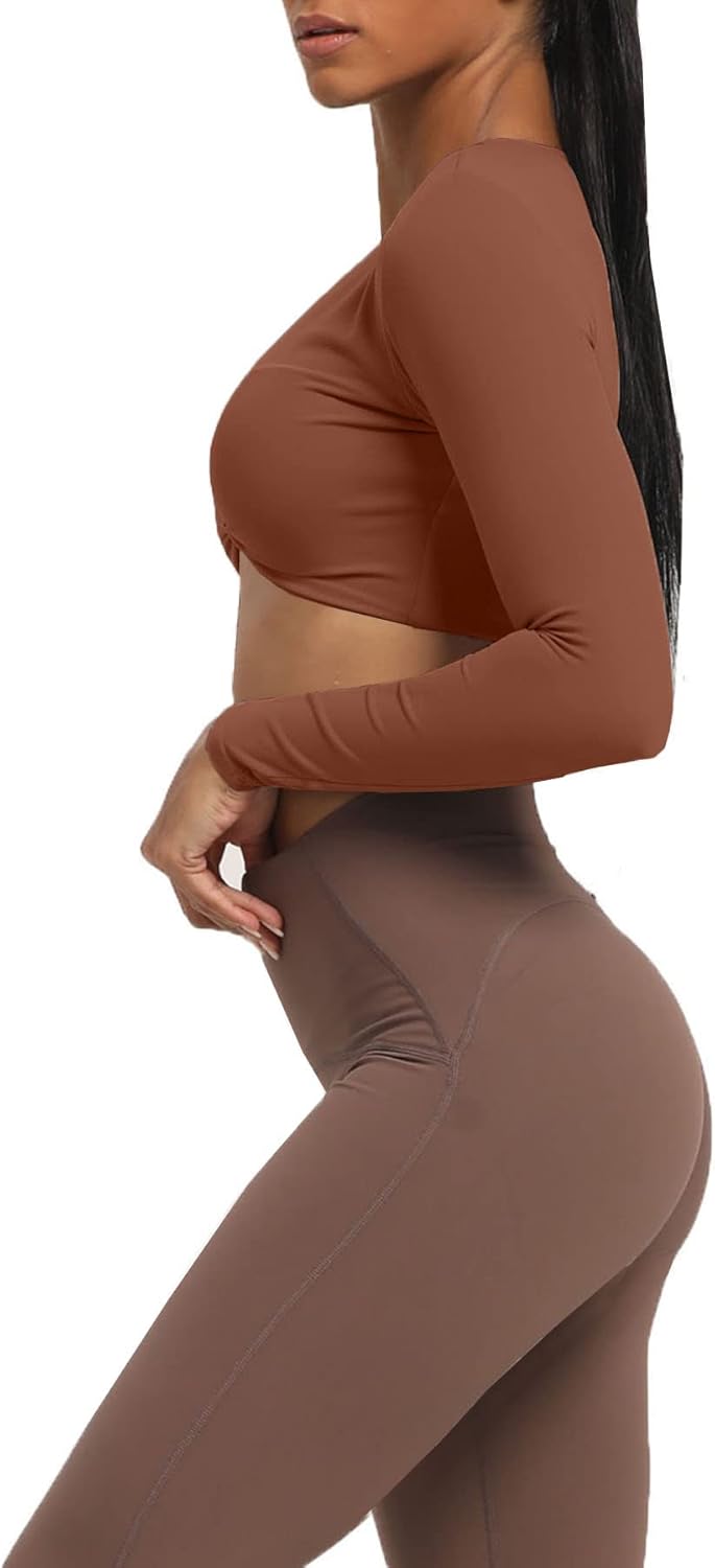 Aoxjox Long Sleeve Crop Tops for Women Sienna Twist Deep V Workout Crop T Shirt TopDandelion Brown