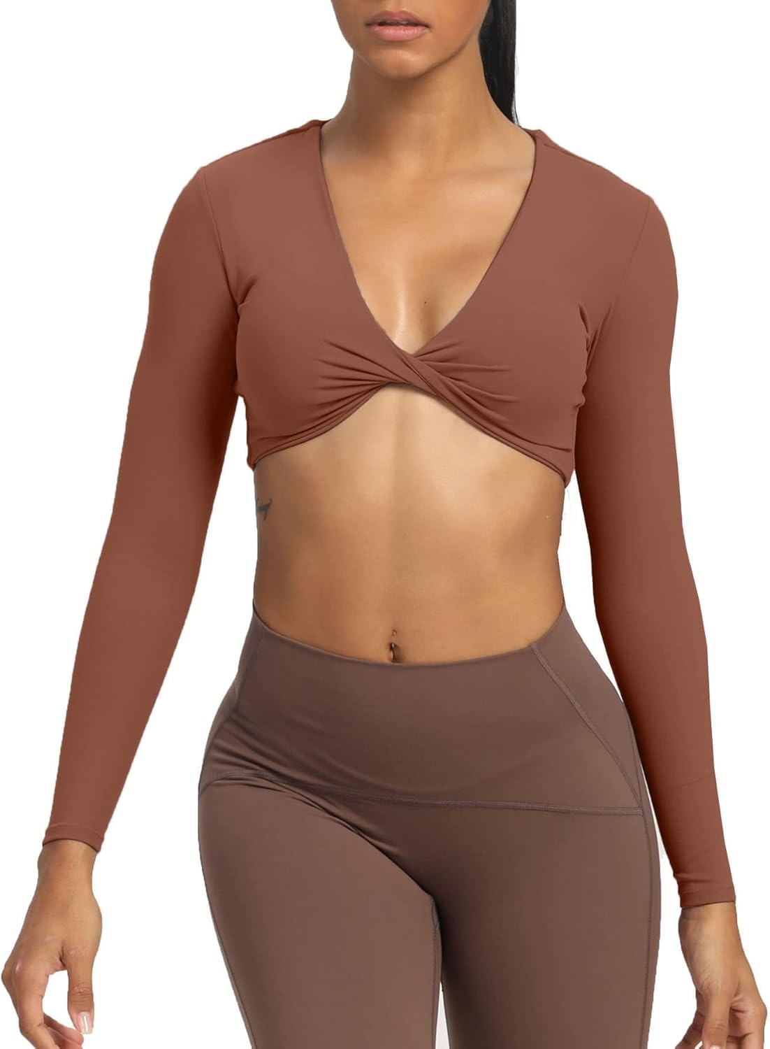 Aoxjox Long Sleeve Crop Tops for Women Sienna Twist Deep V Workout Crop T Shirt TopDandelion Brown