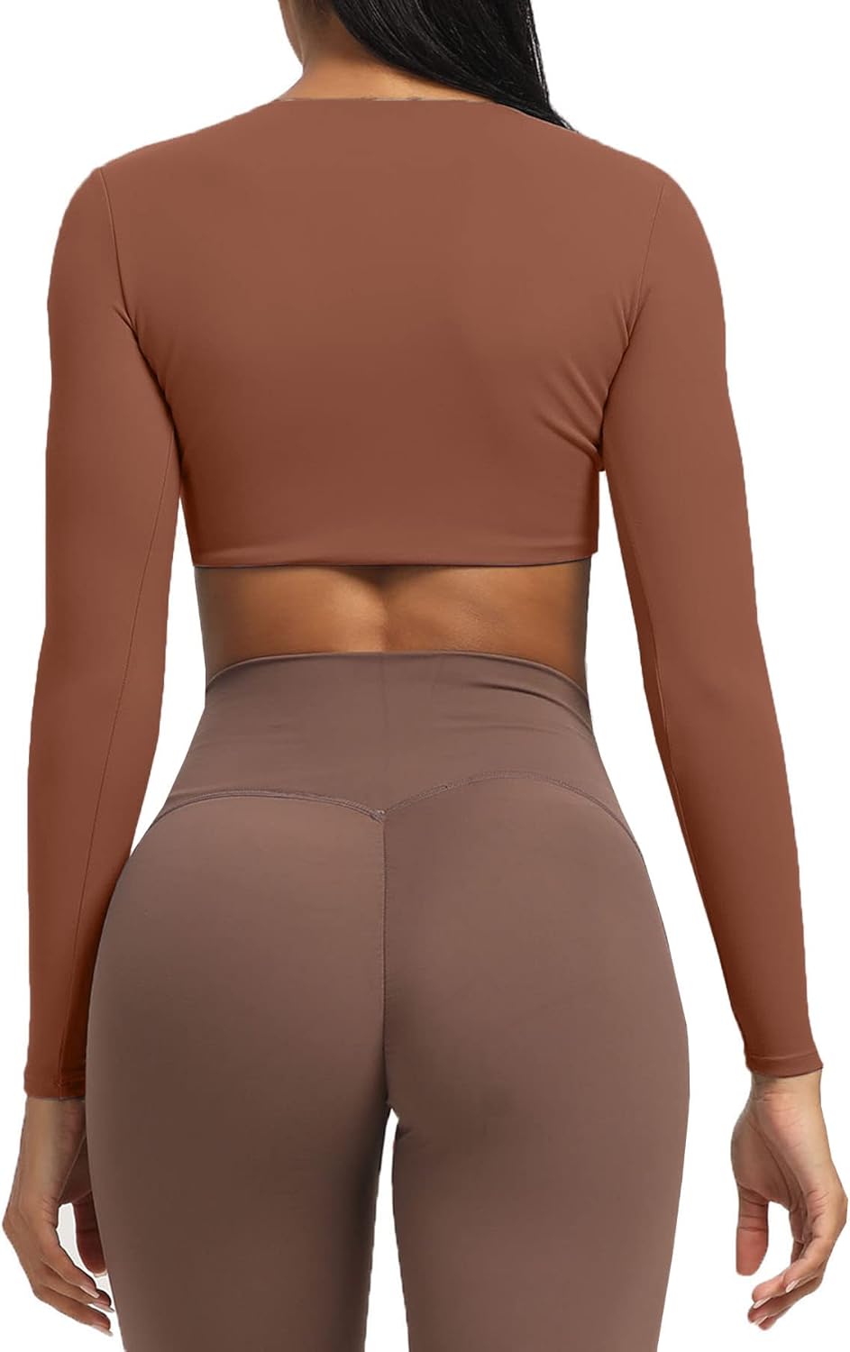 Aoxjox Long Sleeve Crop Tops for Women Sienna Twist Deep V Workout Crop T Shirt TopDandelion Brown