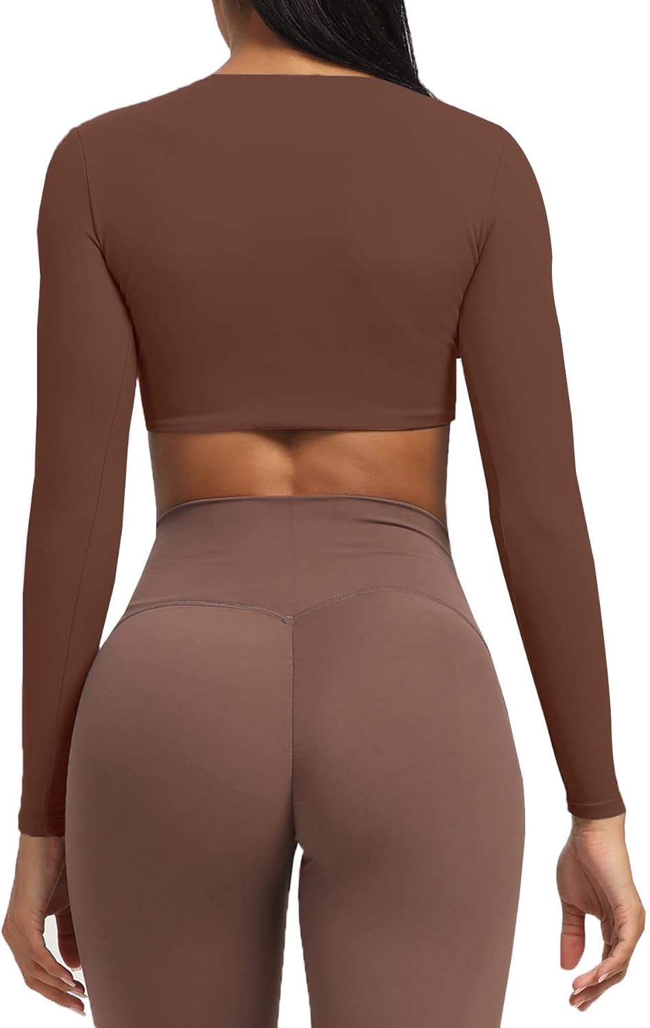 Aoxjox Long Sleeve Crop Tops for Women Sienna Twist Deep V Workout Crop T Shirt TopDark Brown