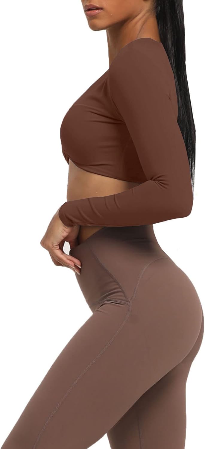 Aoxjox Long Sleeve Crop Tops for Women Sienna Twist Deep V Workout Crop T Shirt TopDark Brown