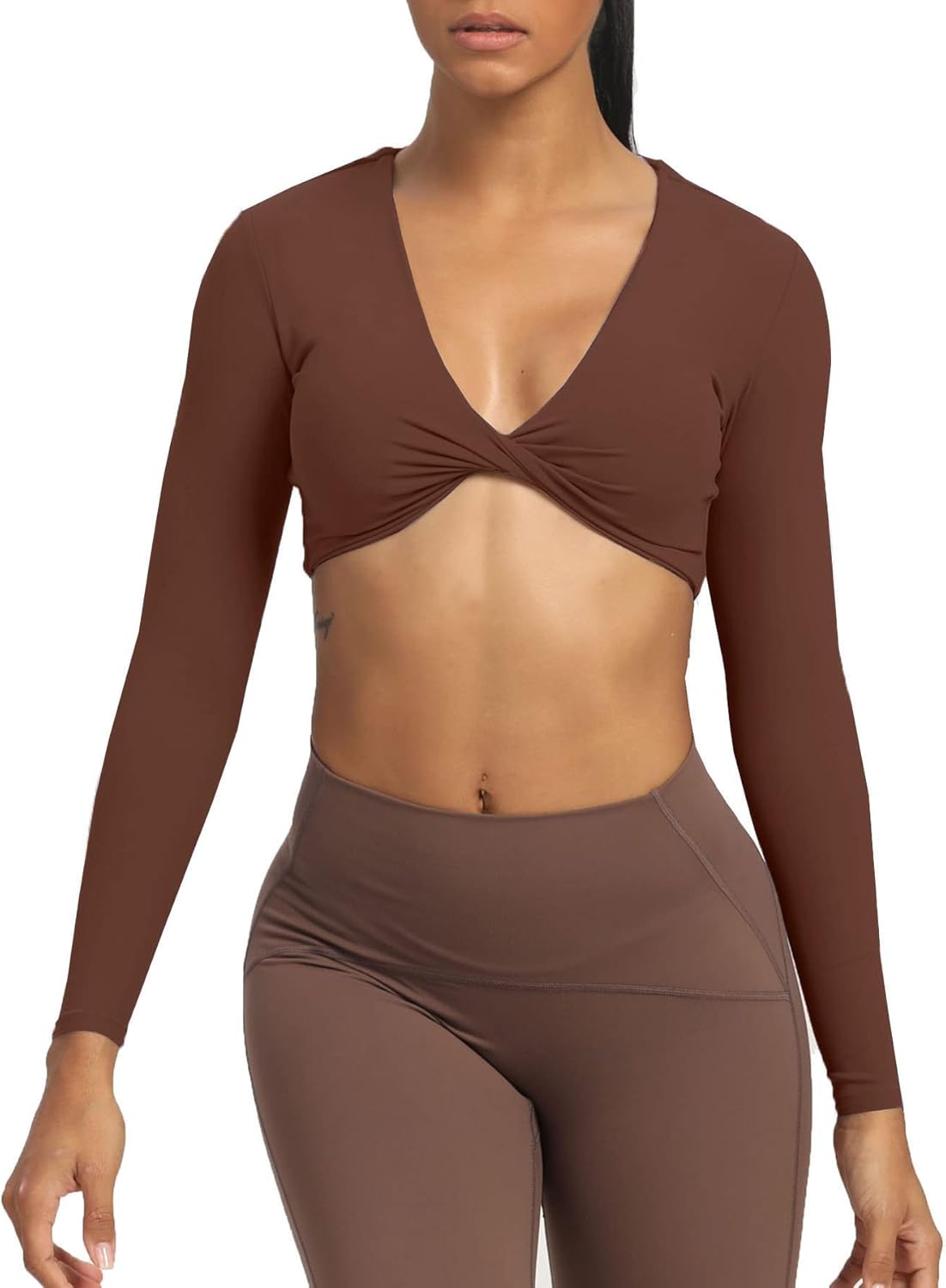 Aoxjox Long Sleeve Crop Tops for Women Sienna Twist Deep V Workout Crop T Shirt TopDark Brown