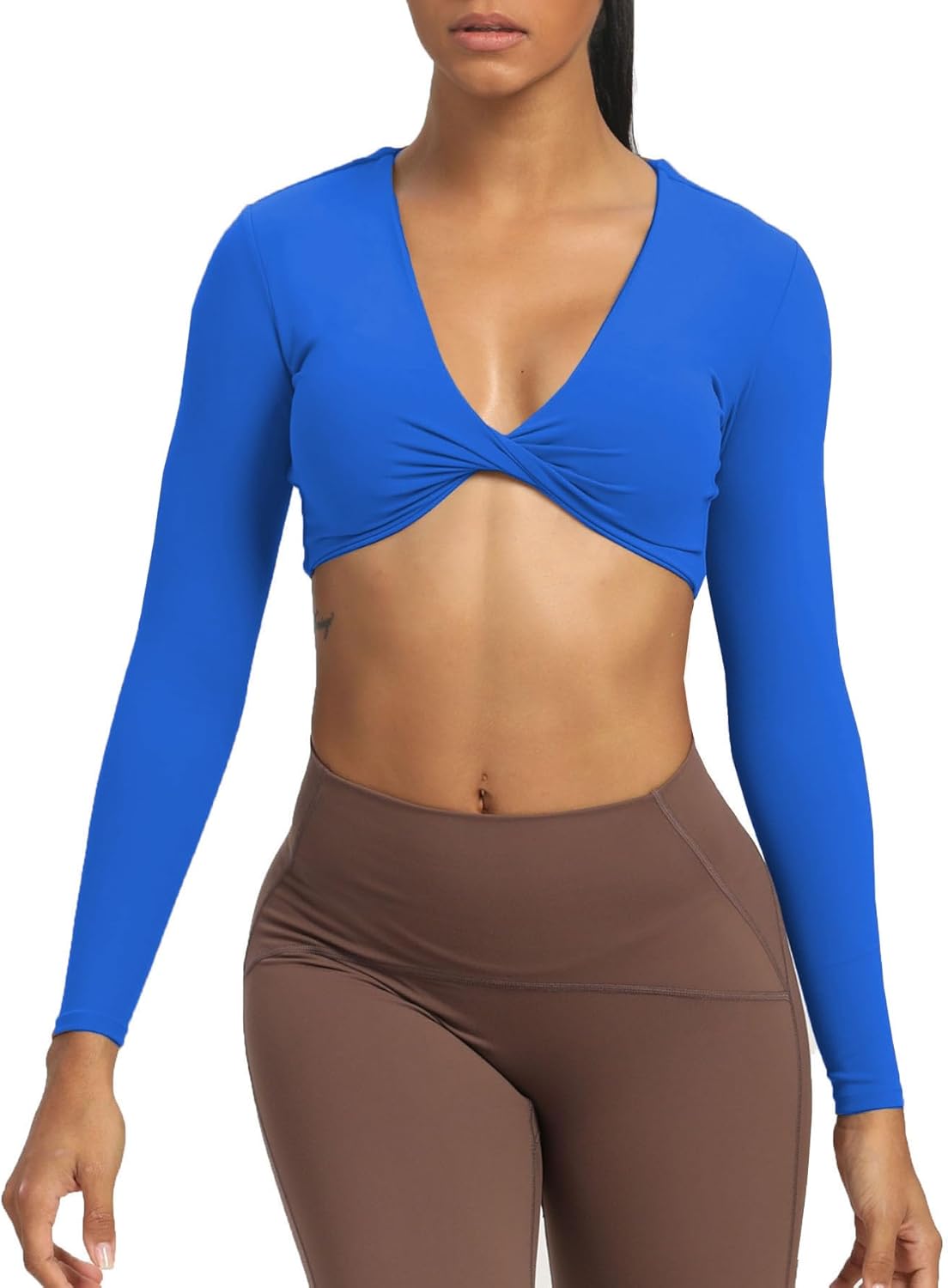 Aoxjox Long Sleeve Crop Tops for Women Sienna Twist Deep V Workout Crop T Shirt TopDirectoire Blue