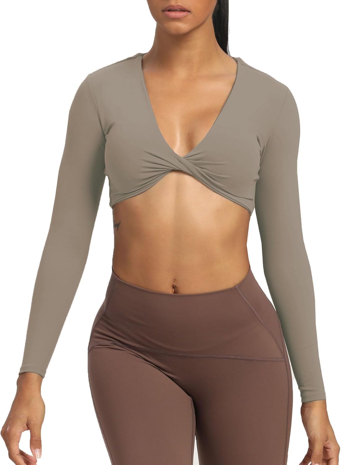 Aoxjox Long Sleeve Crop Tops for Women Sienna Twist Deep V Workout Crop T Shirt TopDriftwood