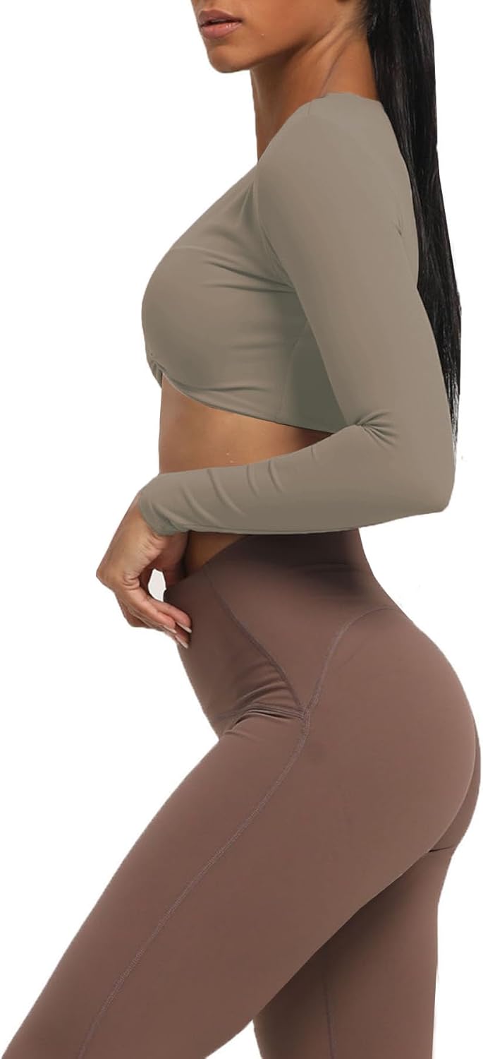 Aoxjox Long Sleeve Crop Tops for Women Sienna Twist Deep V Workout Crop T Shirt TopDriftwood