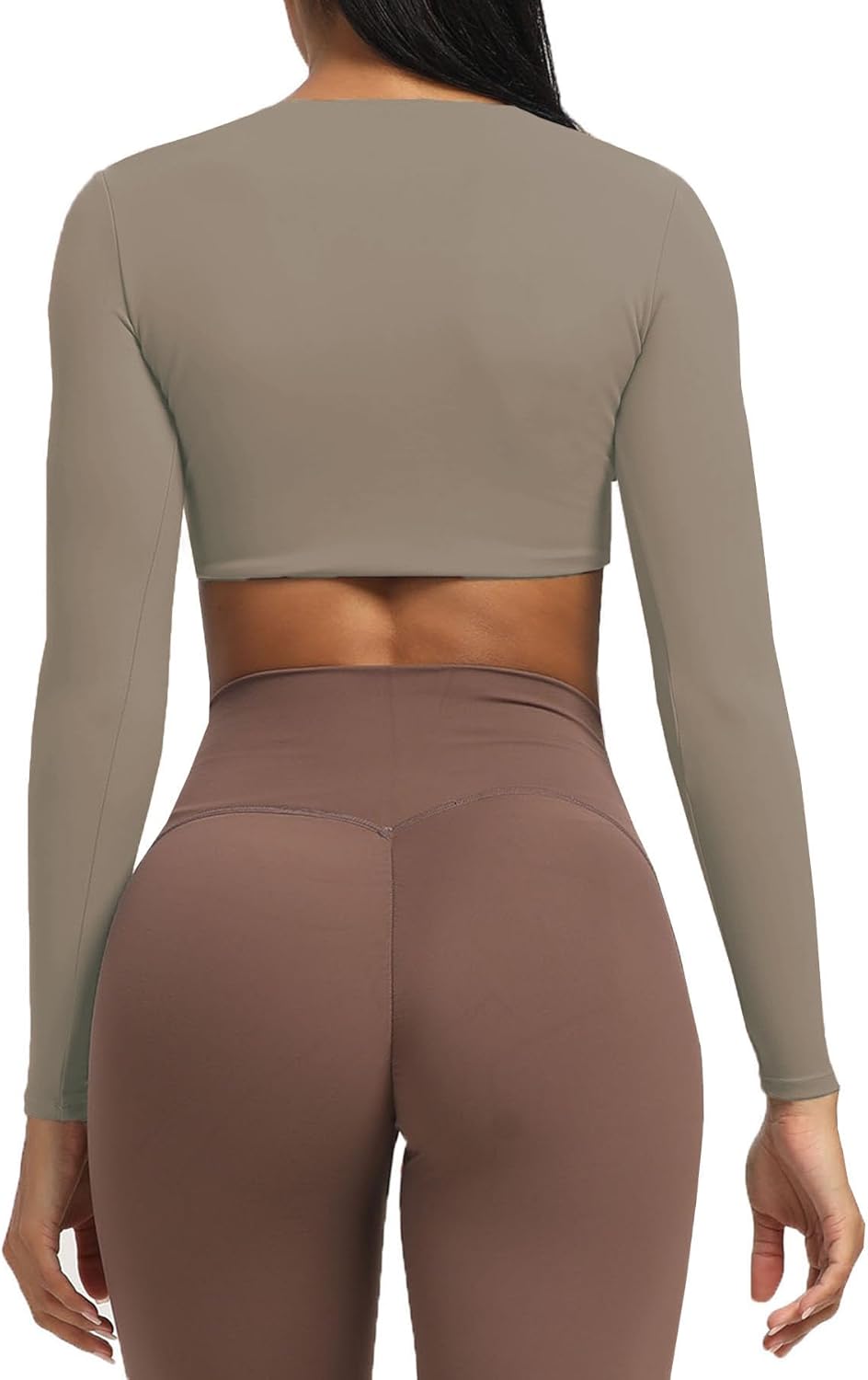 Aoxjox Long Sleeve Crop Tops for Women Sienna Twist Deep V Workout Crop T Shirt TopDriftwood