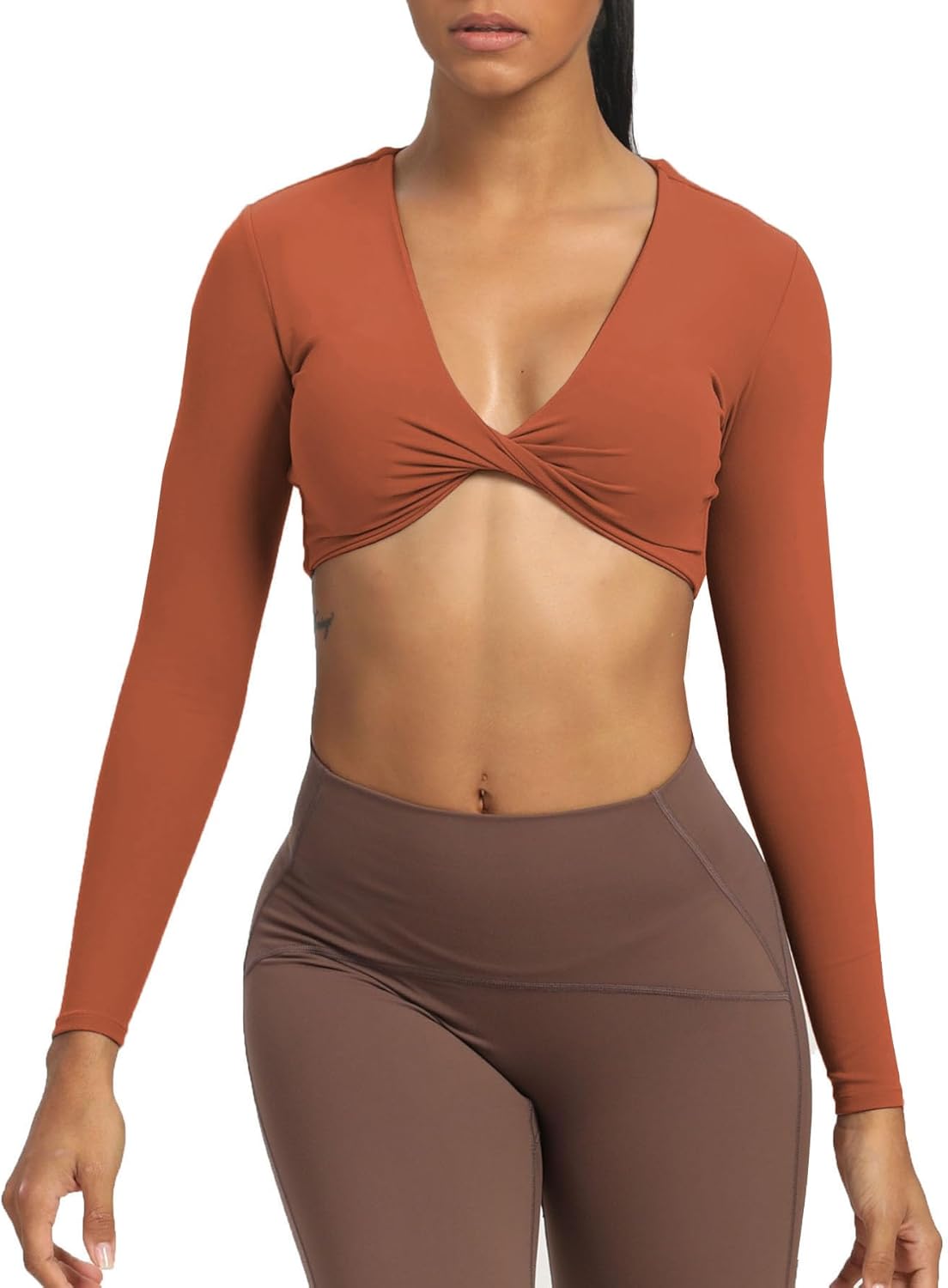 Aoxjox Long Sleeve Crop Tops for Women Sienna Twist Deep V Workout Crop T Shirt TopEarthy Brown