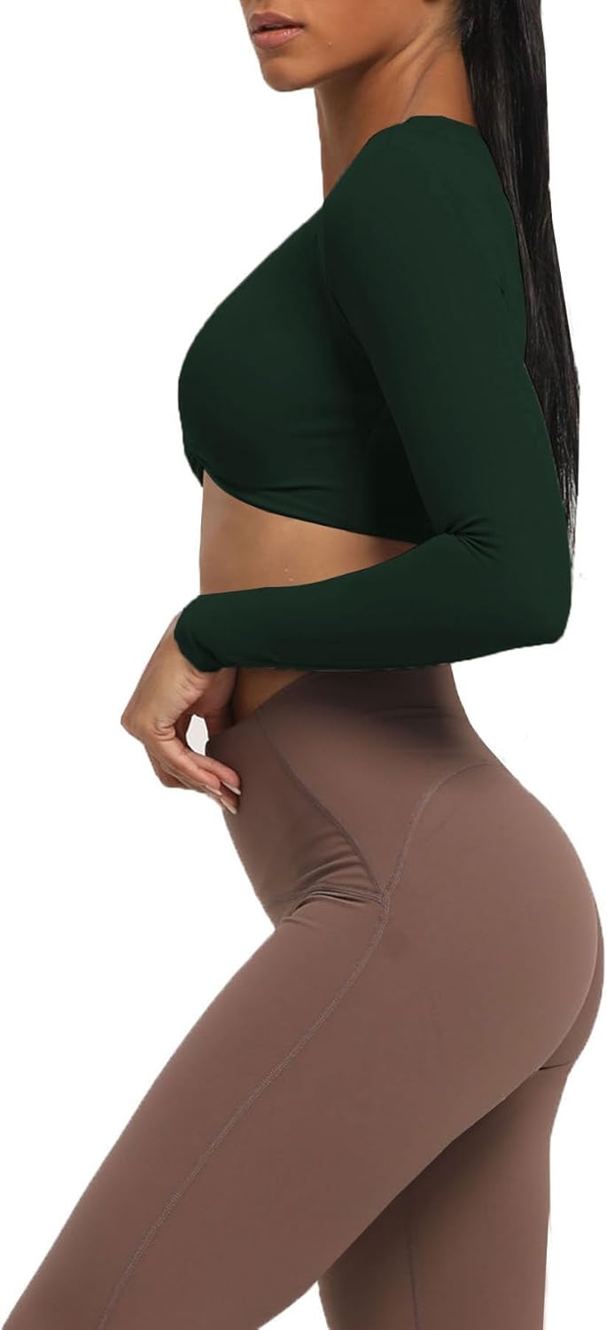 Aoxjox Long Sleeve Crop Tops for Women Sienna Twist Deep V Workout Crop T Shirt TopForest Green Deep Depths Green