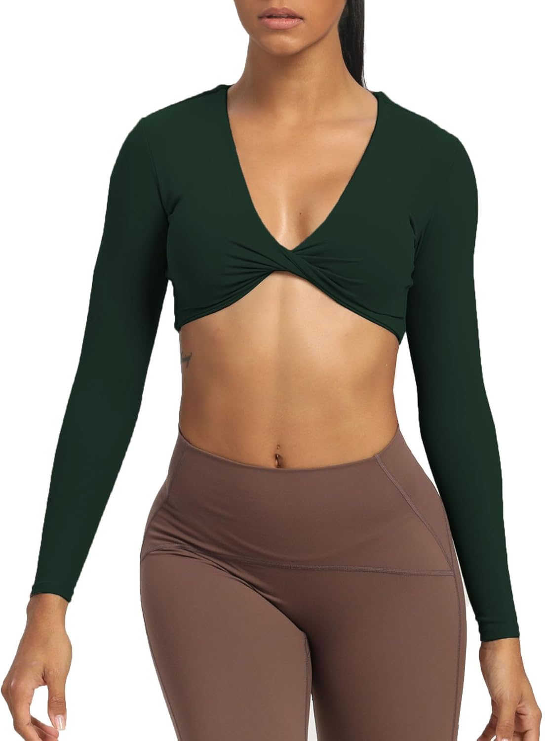 Aoxjox Long Sleeve Crop Tops for Women Sienna Twist Deep V Workout Crop T Shirt TopForest Green Deep Depths Green