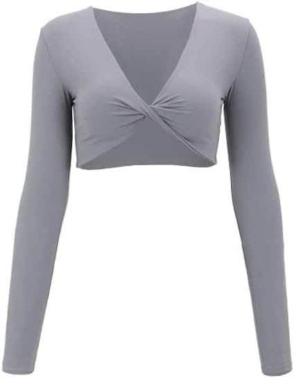 Aoxjox Long Sleeve Crop Tops for Women Sienna Twist Deep V Workout Crop T Shirt TopGrey