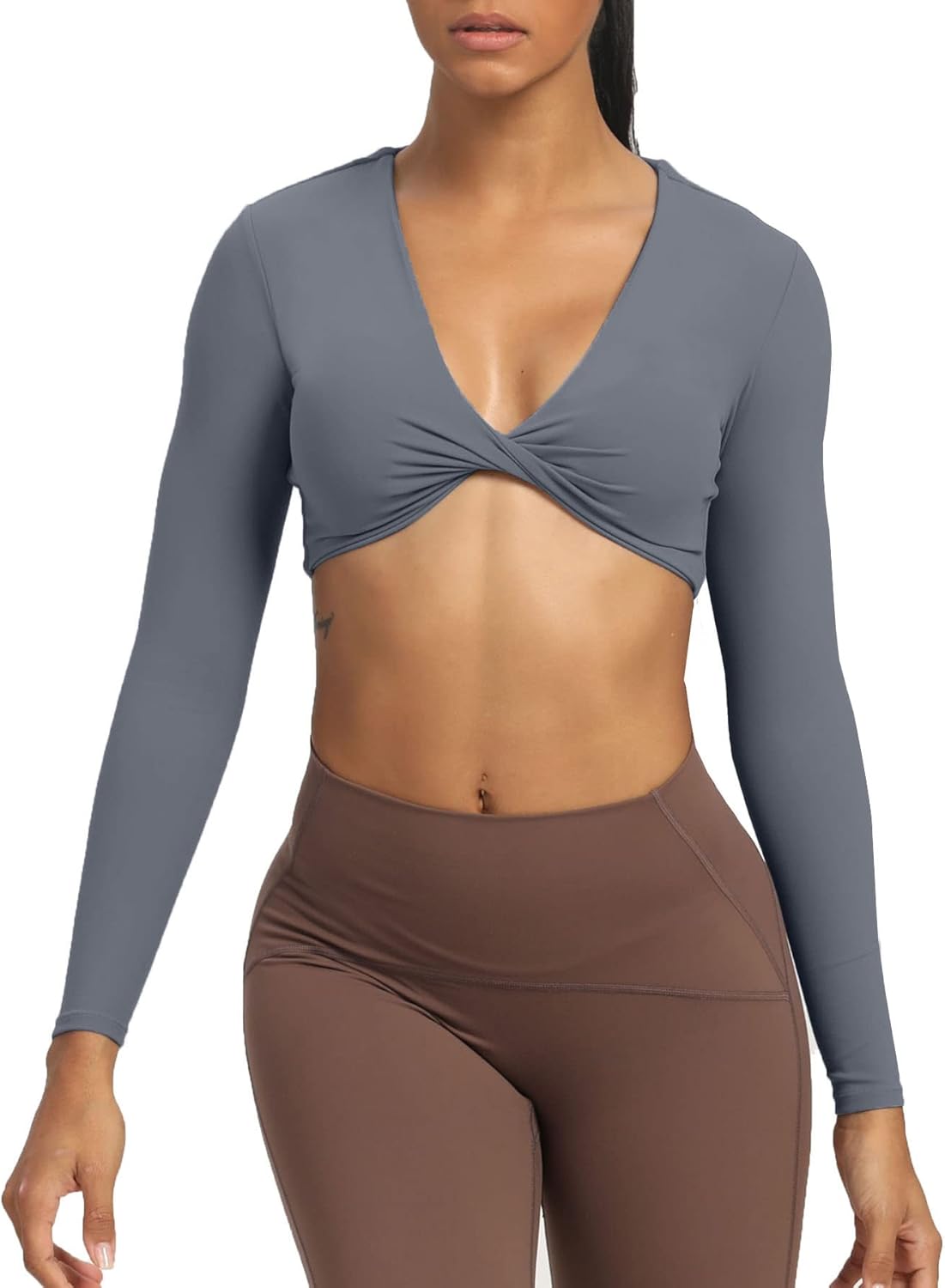 Aoxjox Long Sleeve Crop Tops for Women Sienna Twist Deep V Workout Crop T Shirt TopIron Grey
