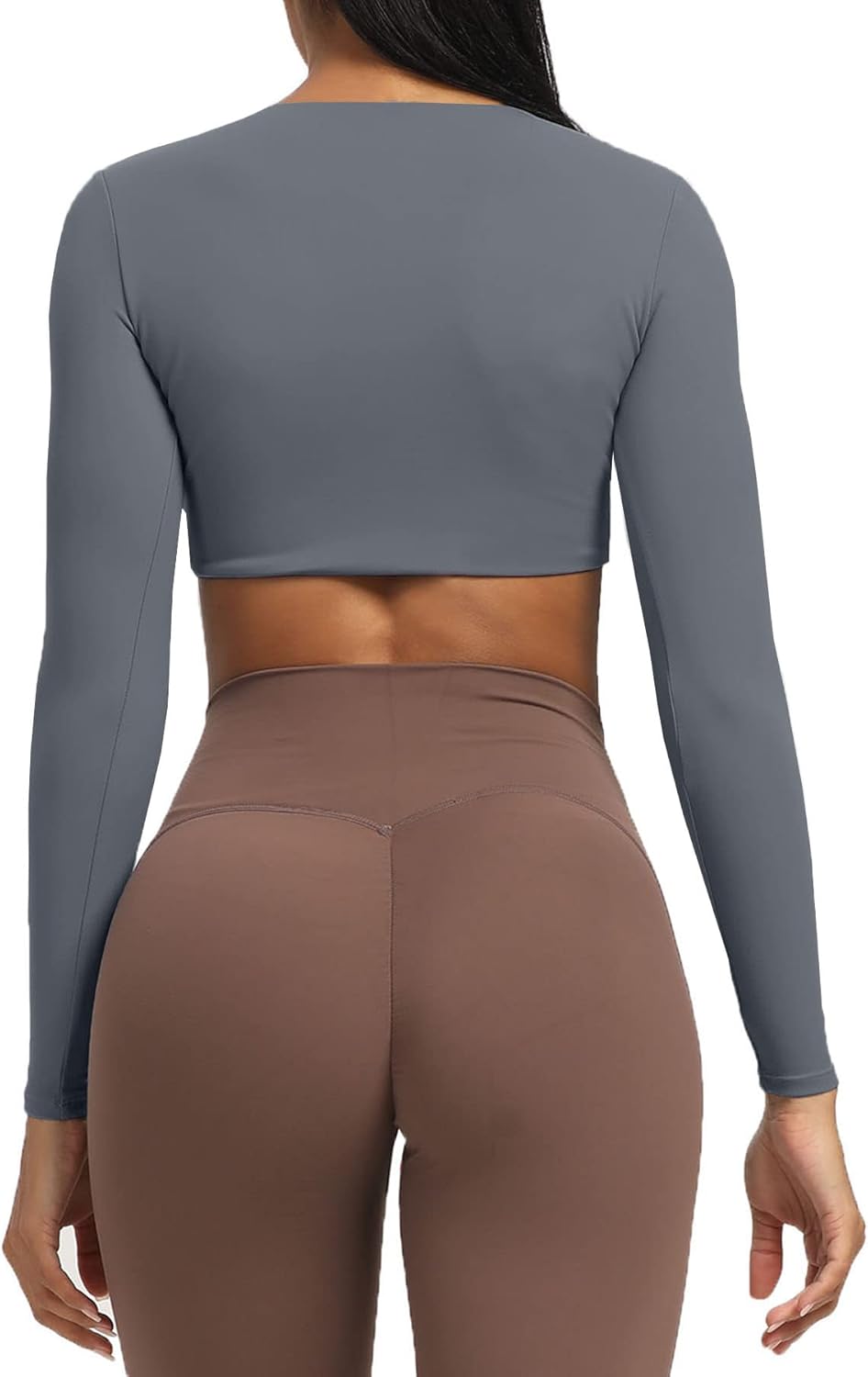 Aoxjox Long Sleeve Crop Tops for Women Sienna Twist Deep V Workout Crop T Shirt TopIron Grey