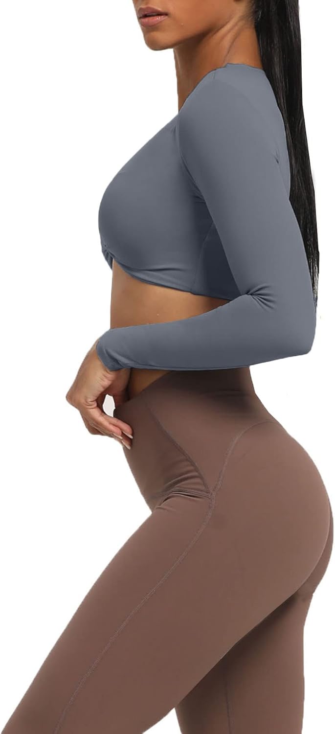 Aoxjox Long Sleeve Crop Tops for Women Sienna Twist Deep V Workout Crop T Shirt TopIron Grey