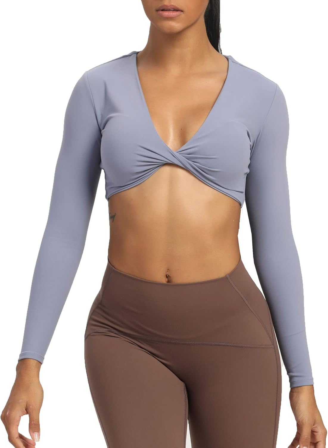 Aoxjox Long Sleeve Crop Tops for Women Sienna Twist Deep V Workout Crop T Shirt TopLazuli