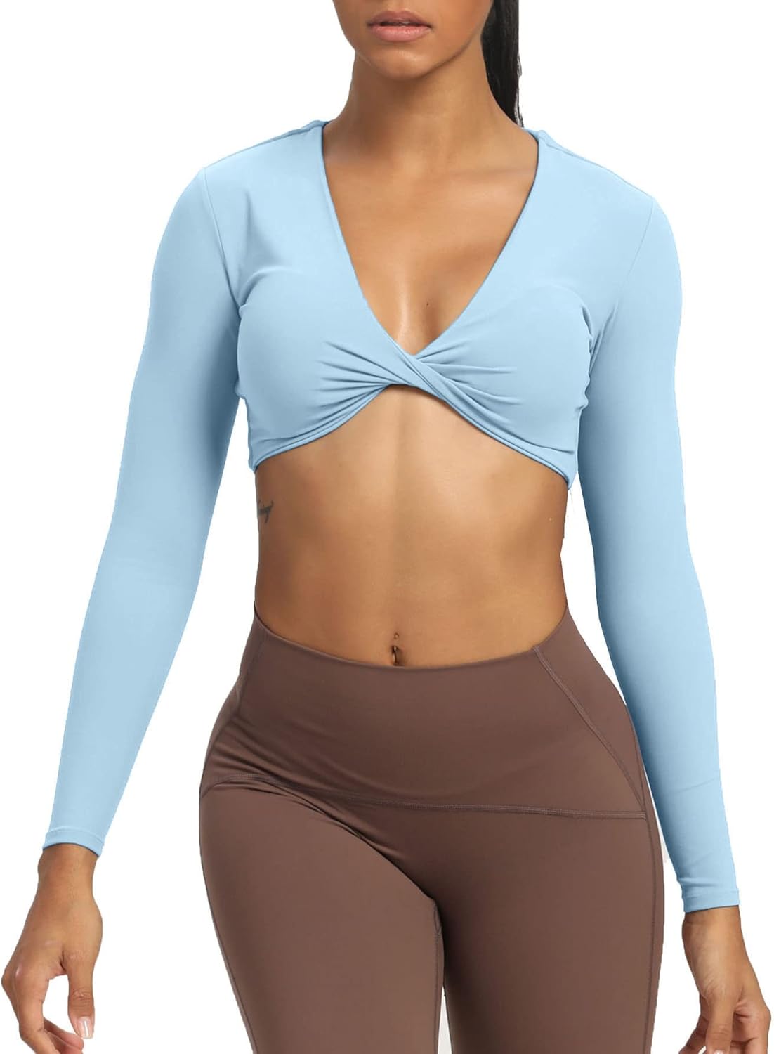 Aoxjox Long Sleeve Crop Tops for Women Sienna Twist Deep V Workout Crop T Shirt TopLight Blue