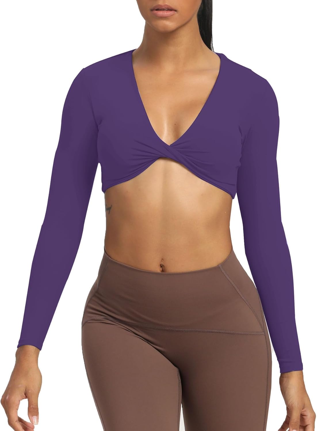 Aoxjox Long Sleeve Crop Tops for Women Sienna Twist Deep V Workout Crop T Shirt TopMulberry Purple