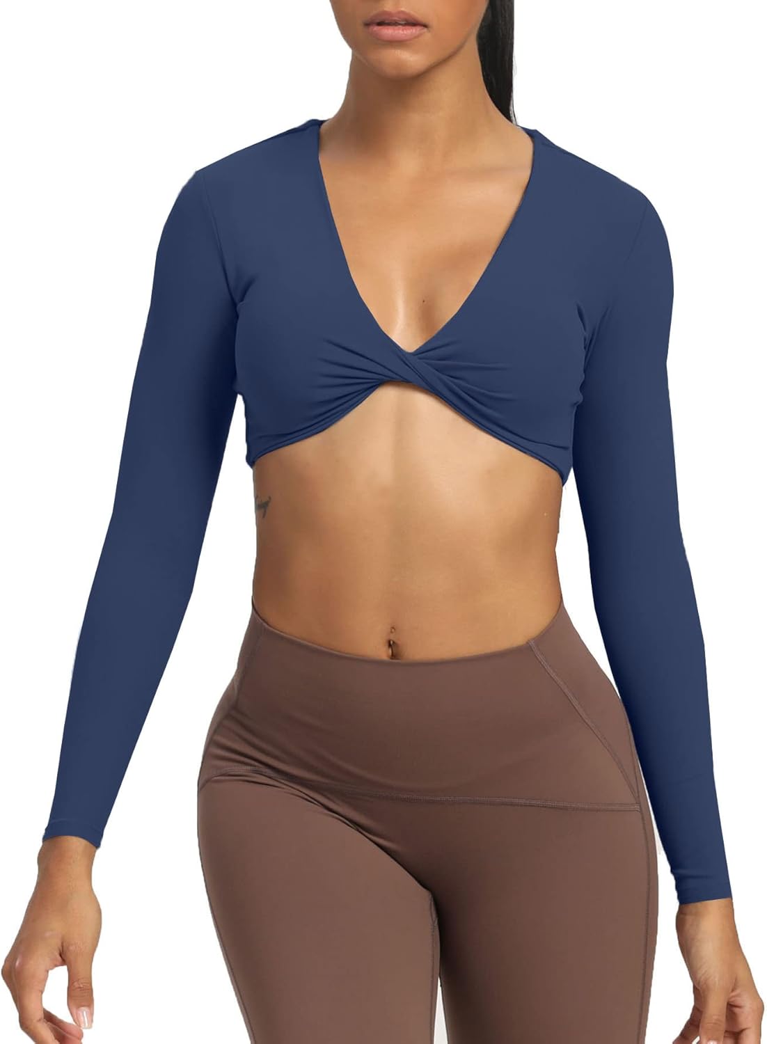 Aoxjox Long Sleeve Crop Tops for Women Sienna Twist Deep V Workout Crop T Shirt TopNavy
