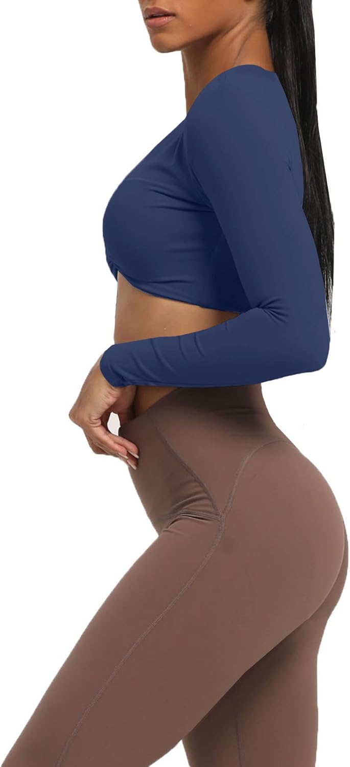 Aoxjox Long Sleeve Crop Tops for Women Sienna Twist Deep V Workout Crop T Shirt TopNavy