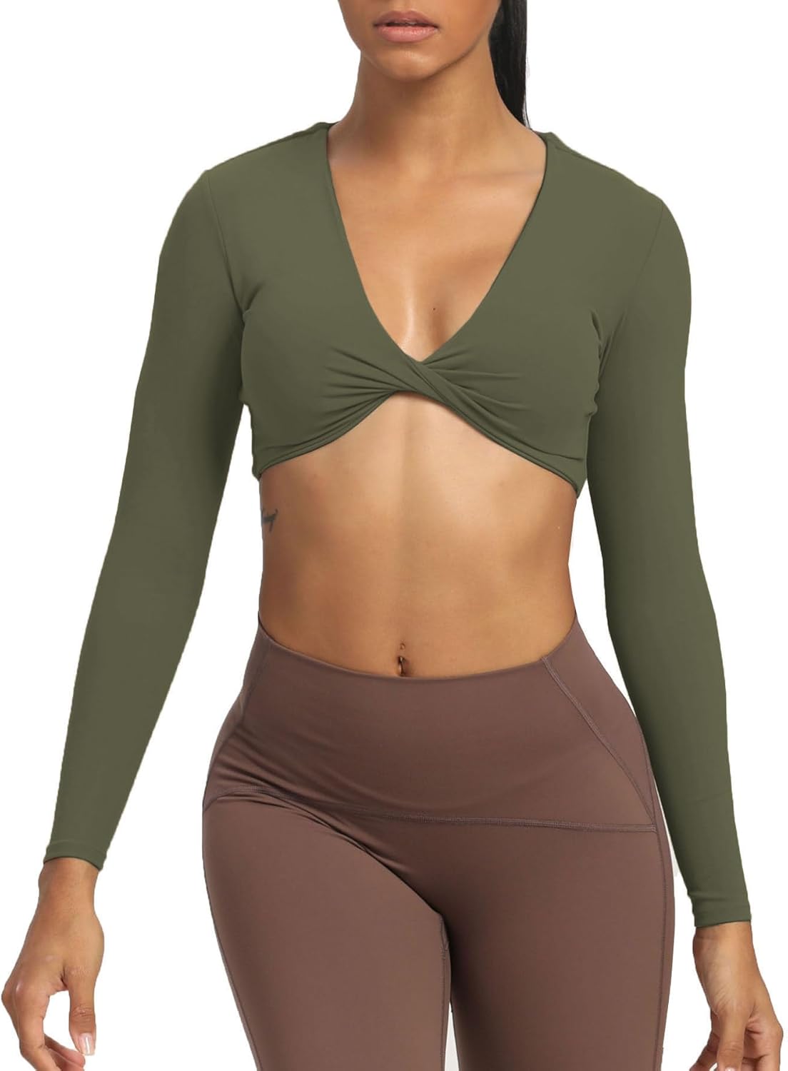 Aoxjox Long Sleeve Crop Tops for Women Sienna Twist Deep V Workout Crop T Shirt TopOlive Green