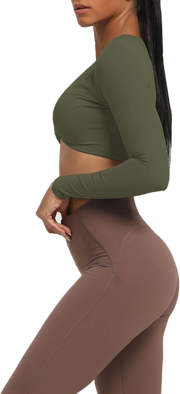 Aoxjox Long Sleeve Crop Tops for Women Sienna Twist Deep V Workout Crop T Shirt TopOlive Green